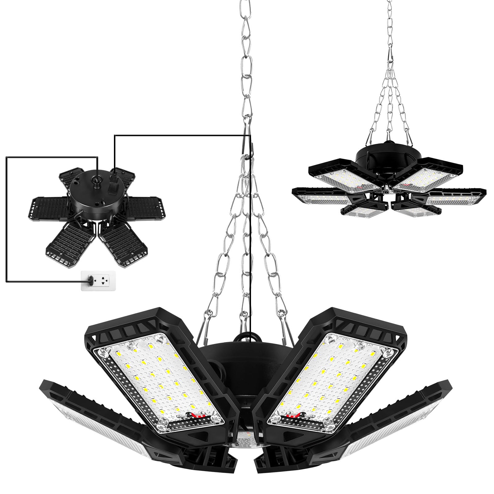 Afoxsos  LED Garage Lights 2 pack 180W 18000LM 6500K Adjustable Shop Ceiling Light with 6 1 Deformable Panels Plug in Extension Cord E26 E27