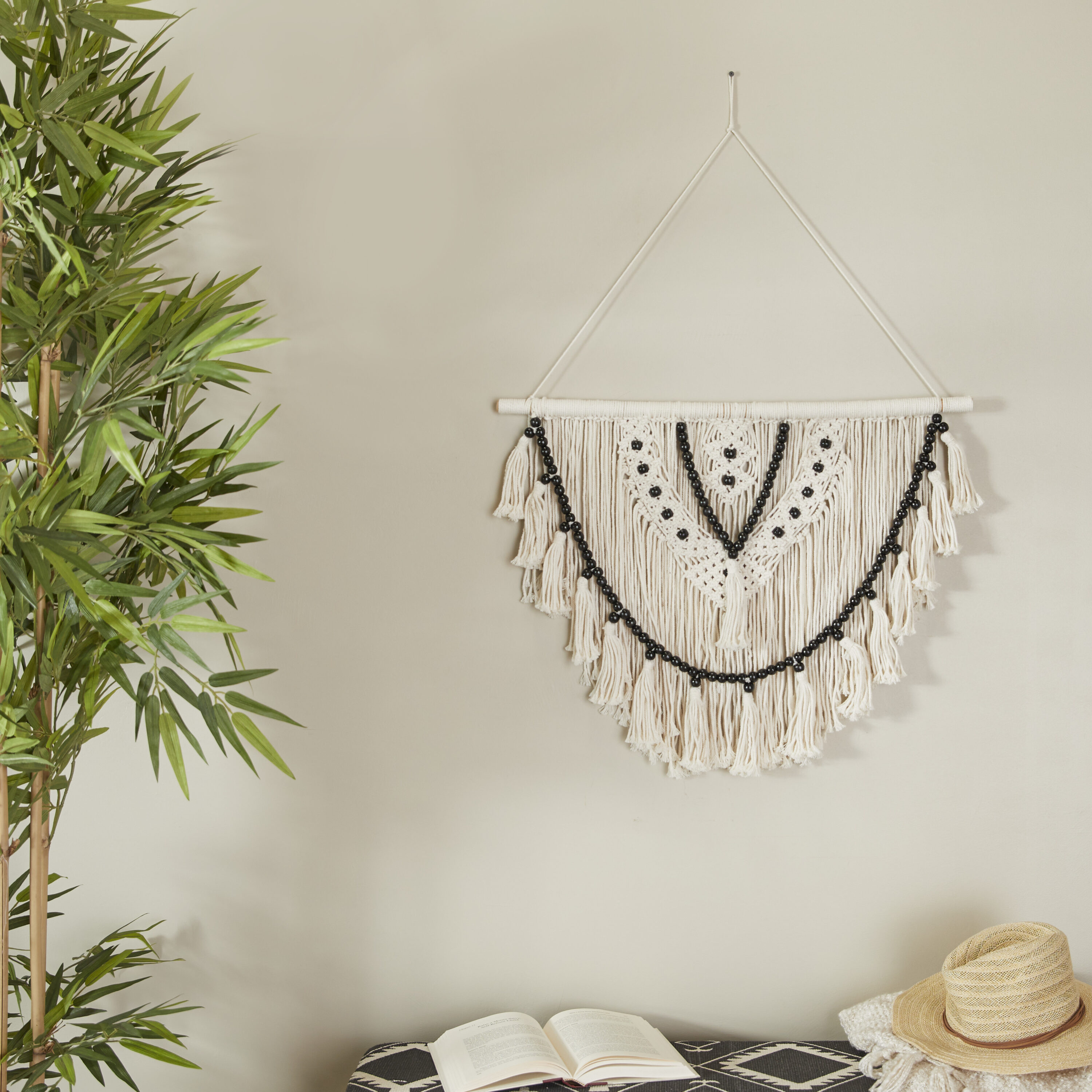 Grayson Lane 88610 28-Inches W x 32-Inches H Cotton Macrame Handmade Intricately Weaved with Beaded Fringe Tassels Bohemian Wall tapestry