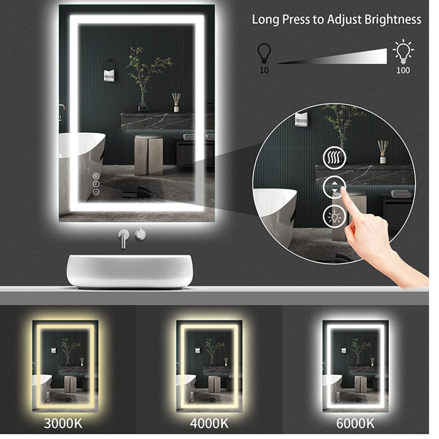 WELLFOR CE LED lighting Mirror 24-in W x 36-in H LED Lighted Silver ...