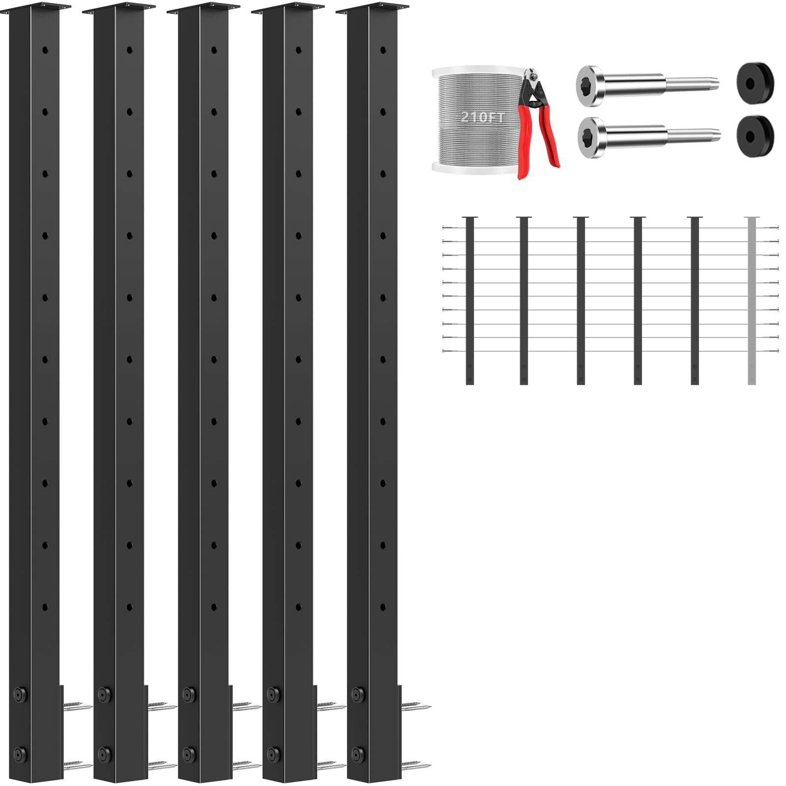 Etokfoks  side mount cable railing post kit 5 pack deck railing system with 210 ft cable and 20 tensioners black stainless steel