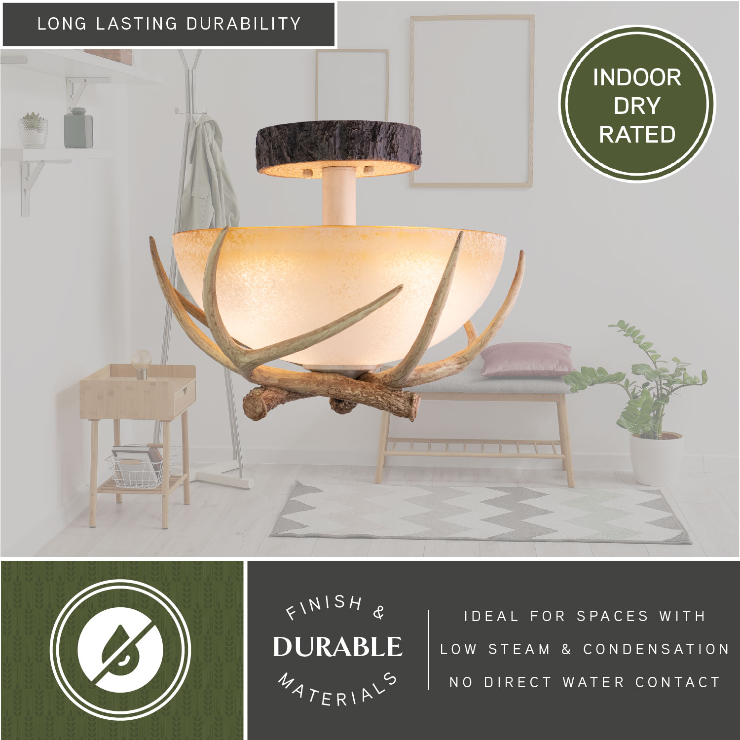 Rustic Antler 16" Cream Glass Semi Flush Mount Ceiling Light