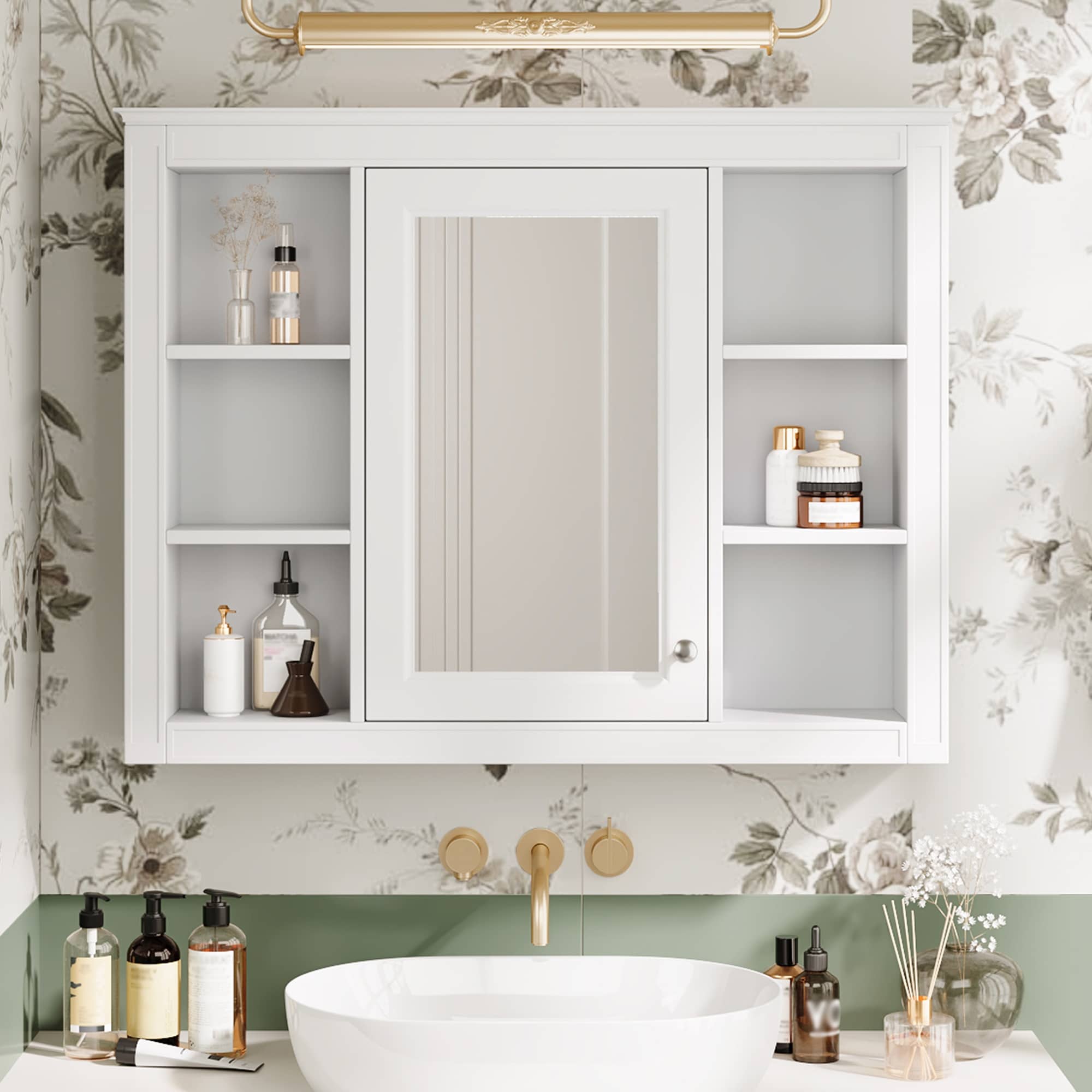 HyperDrop Cart 35-in L x 28-in H Modern Wooden Medicine Wall Mounted Bathroom Storage Cabinet Heavy-Duty Mirror Organizer With 6 Open Shelves