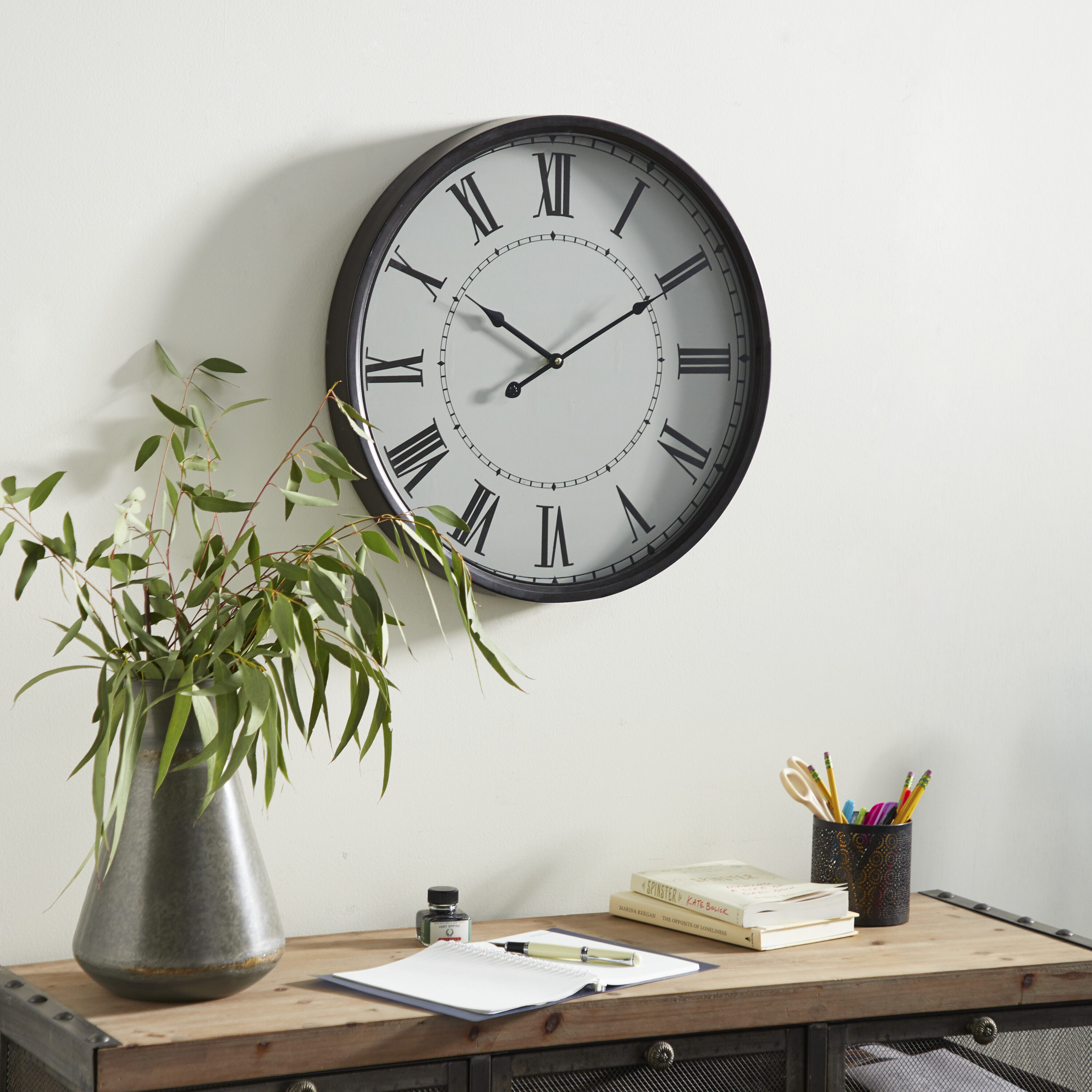 20" White and Brown Metal Round Wall Clock