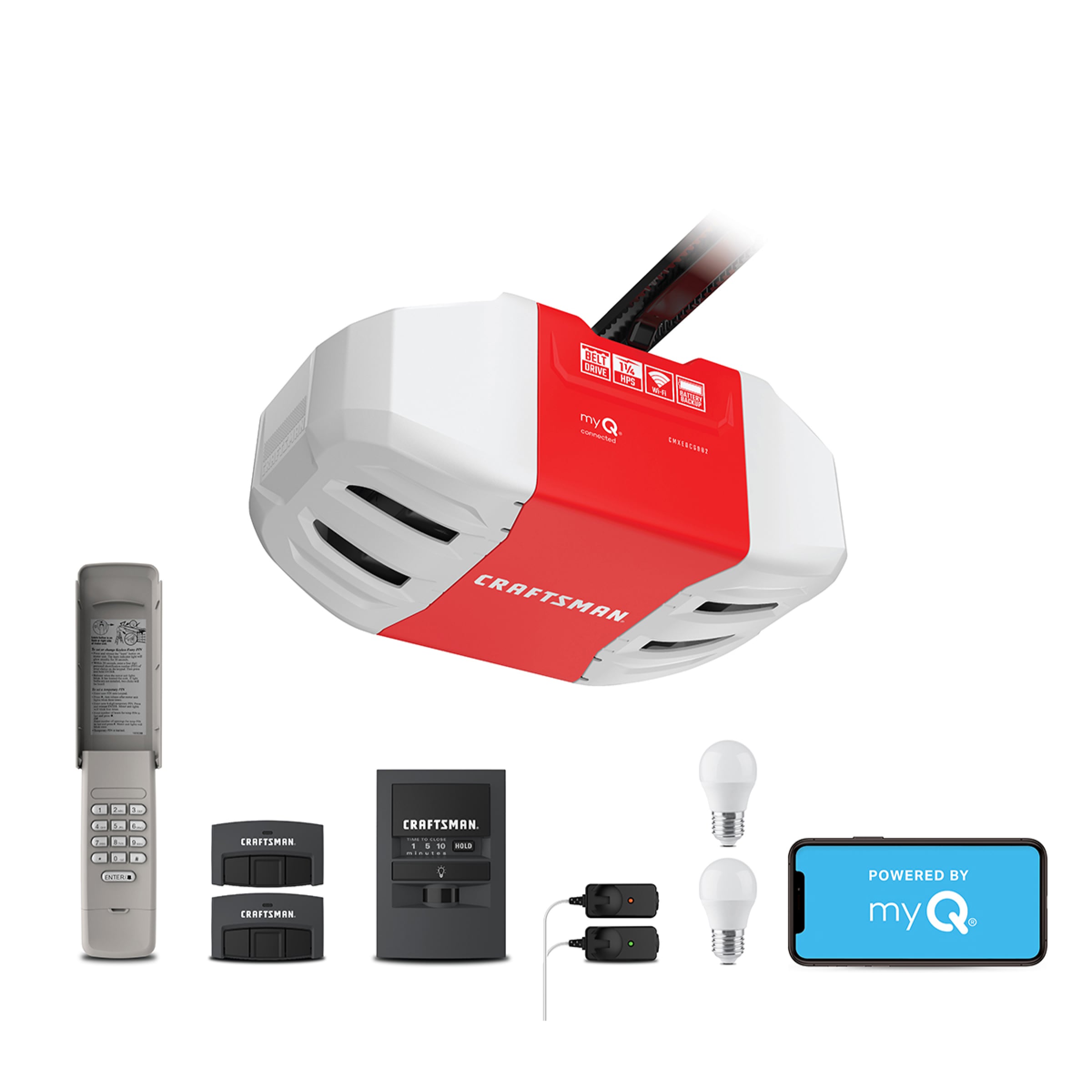 CRAFTSMAN CMXEOCG982 1-1/4 HPS myQ Ultra Quiet Smart Compatible Belt drive Garage Door Opener Wi-Fi Compatibility and Battery Back-Up