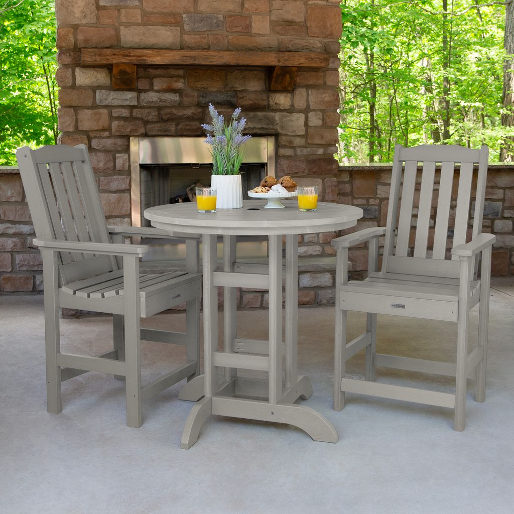 highwood AD-CNL36-HGR Lehigh 3 -Piece Harbor Gray Bar Height Patio Dining Set Plastic Round Table with 2 Stationary Chairs
