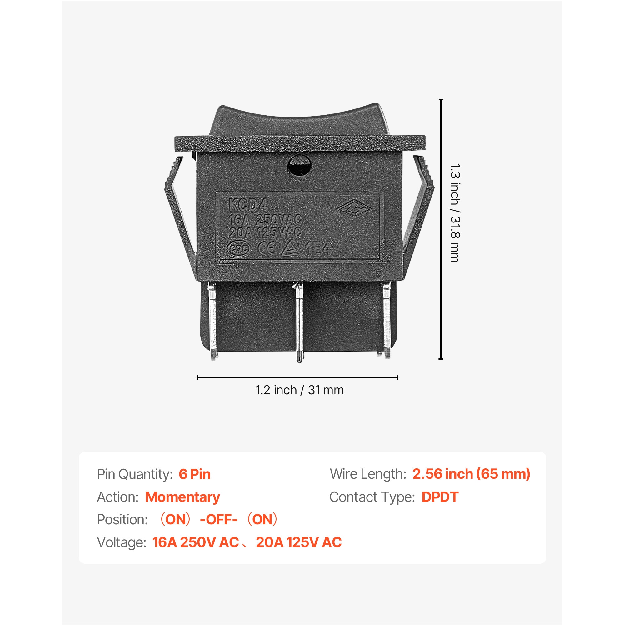 VEVOR Rocker Switch 6 Pin Momentary DPDT Rocker Switch 3-Position