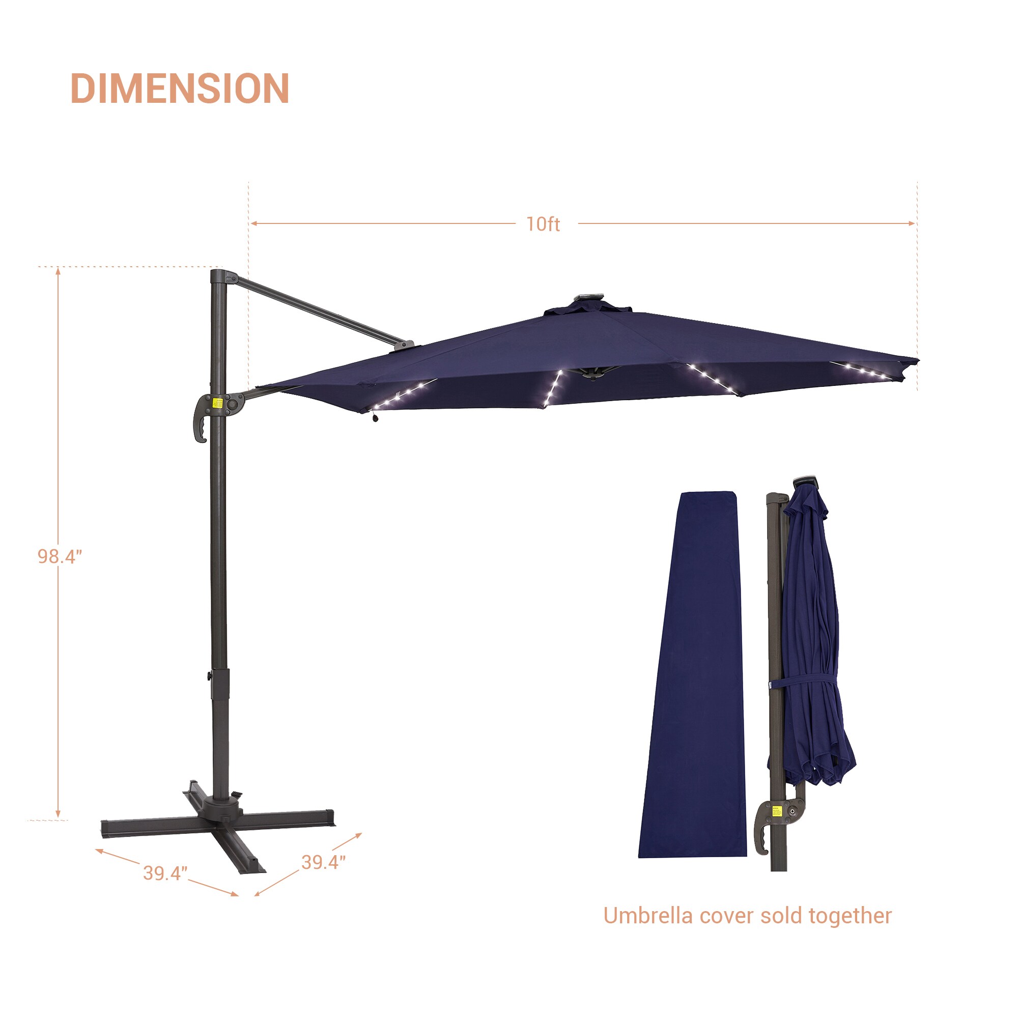 ACEGOSES 10-ft Navy Blue Solar Powered No-tilt Cantilever Patio ...