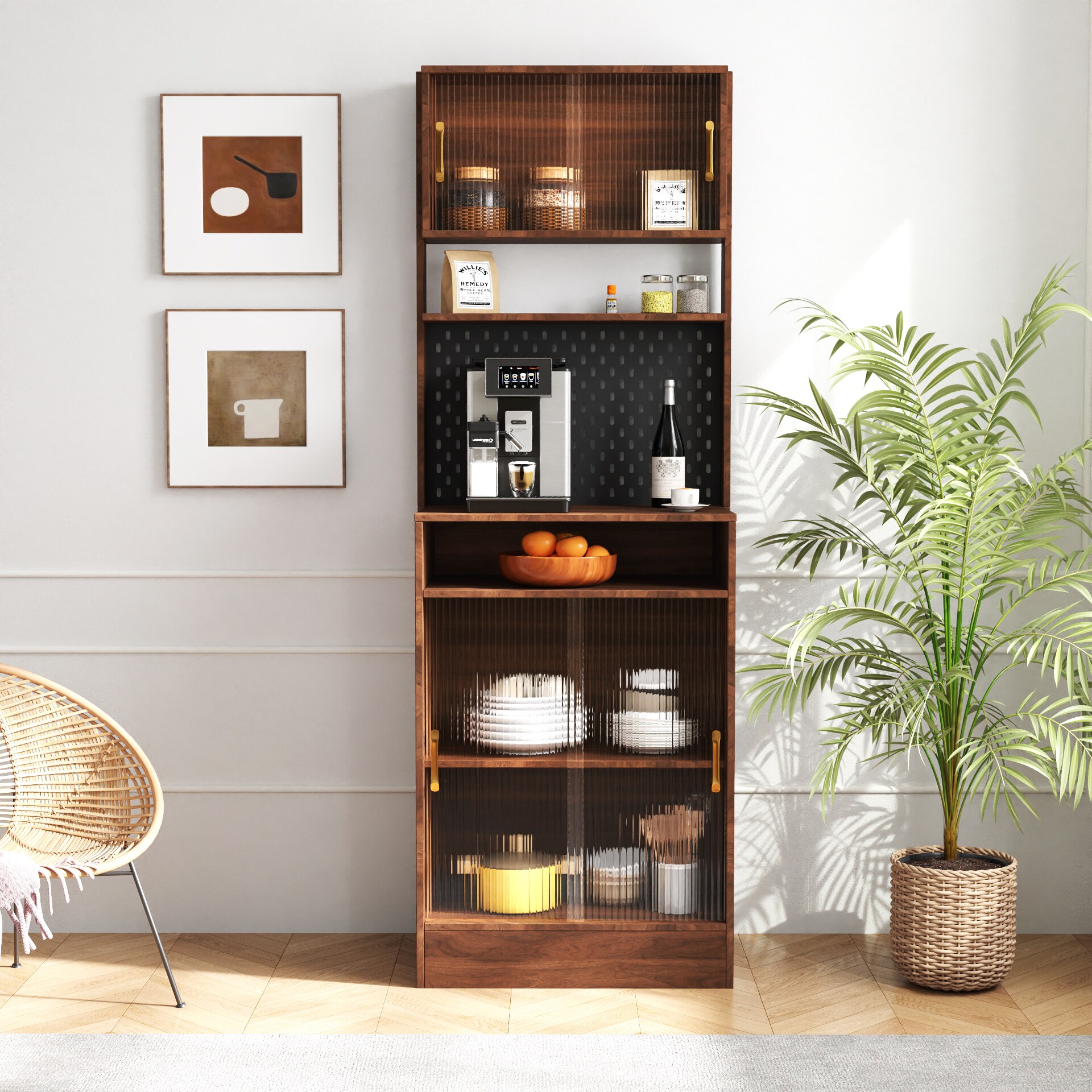 Tatayosi XH-1P257392 Kitchen Pantry Sideboard with 2 Sliding Striped Glass Doors Freestanding Countertop Storage Cabinet for Bottles Wine Coffee machine Microwave oven and so on