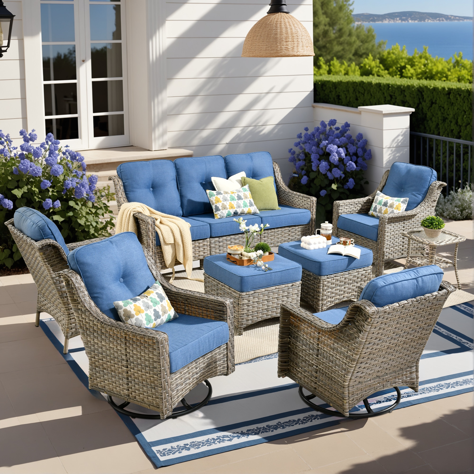 Pouuin SYZPAD508 8 -Piece Wicker Patio Sofa Conversation Set with Blue Cushions