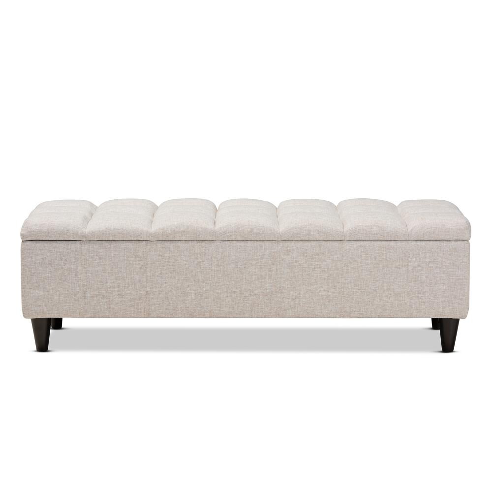 Beige Tufted Fabric Storage Bench with Dark Wood Legs