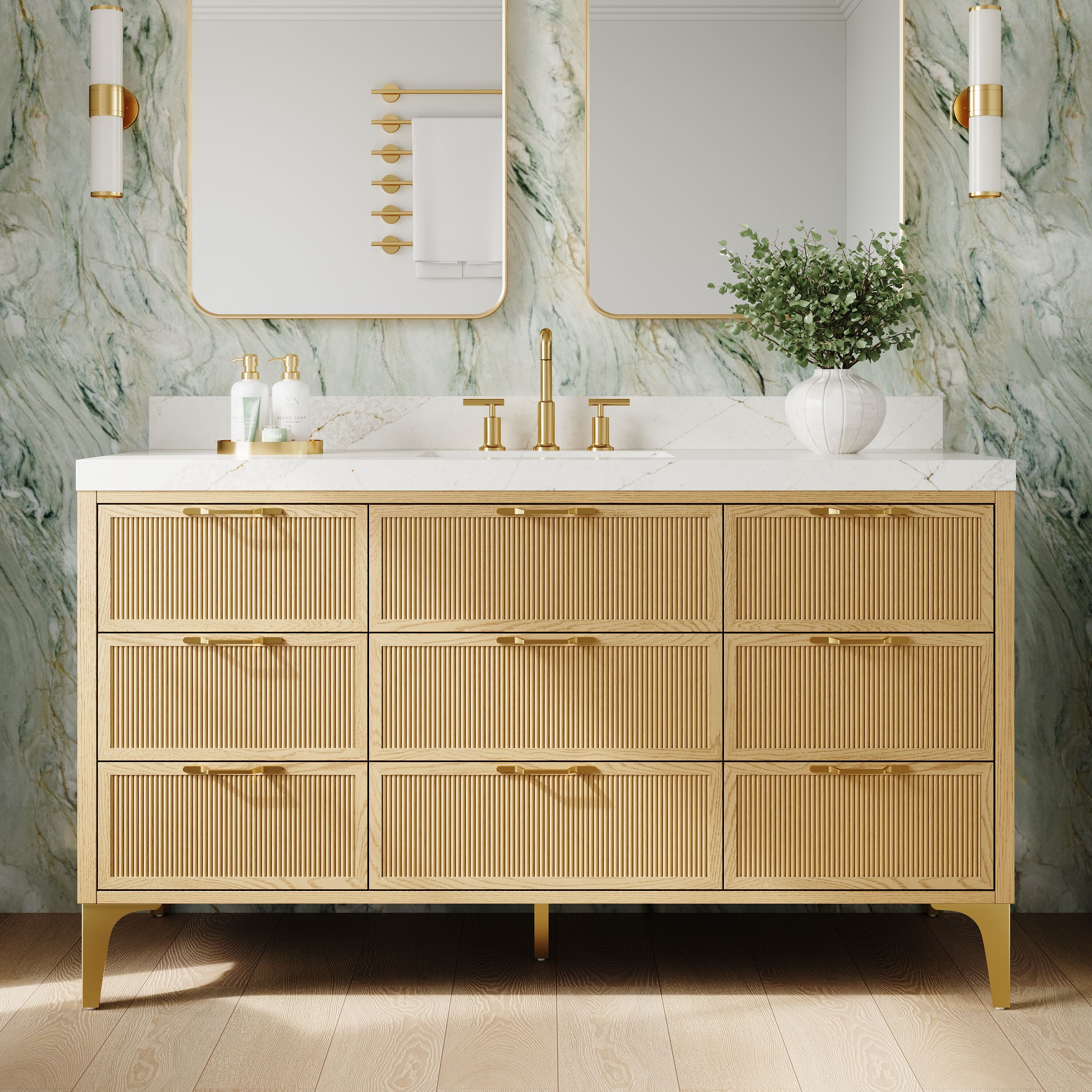 WELLFOR LYNOAK Bathroom Vanities with Top Solid Wood 60-in Oak Undermount Single Sink Bathroom Vanity with Calacatta White Quartz Top (Fully Assembled)