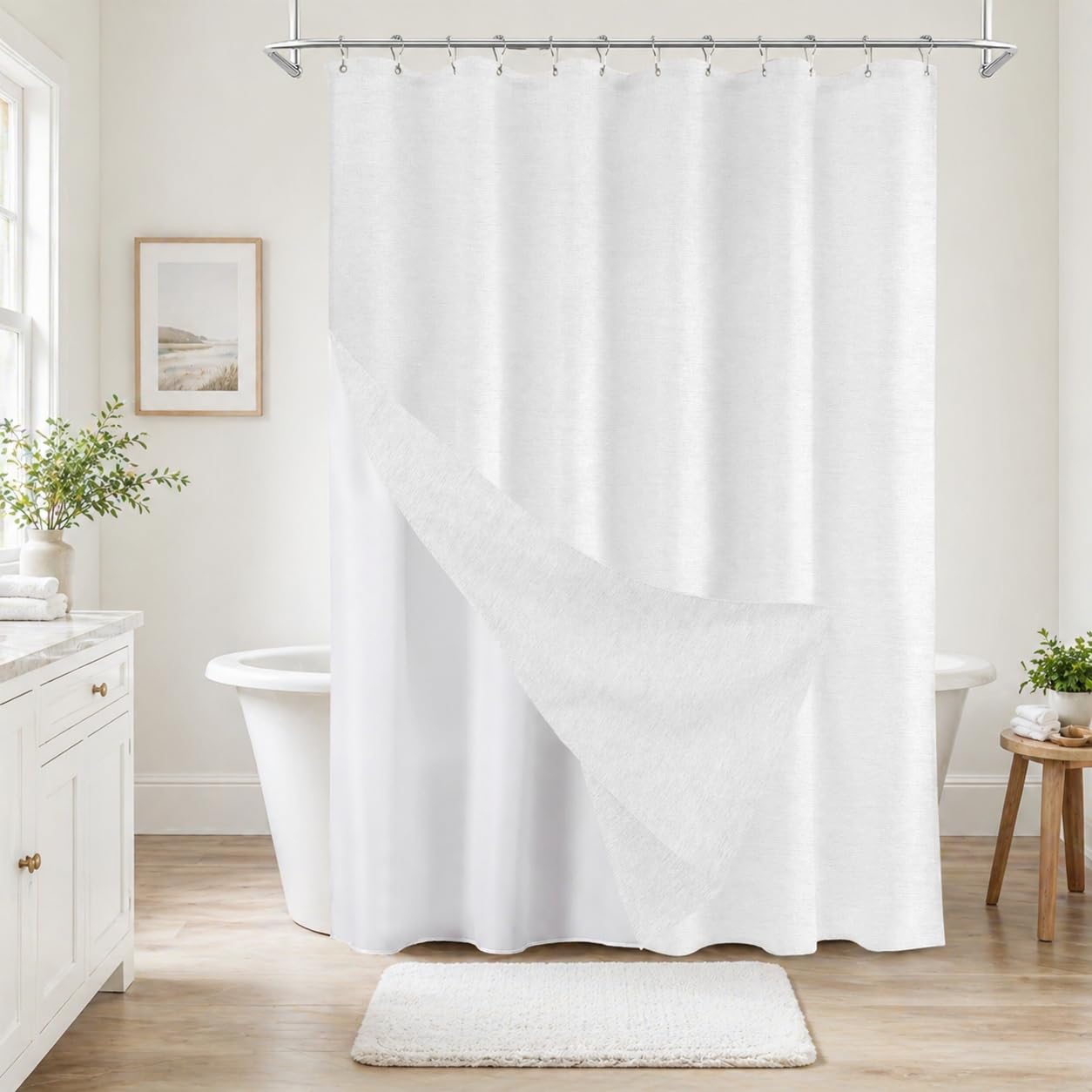 AKSCYZM Boho Farmhouse Shower Curtain with Fabric Liner Set Faux Linen Textured Metal Hooks Weighted Hem Washable Wrinkle Free Bath Curtain 72 W #LAK0818K094