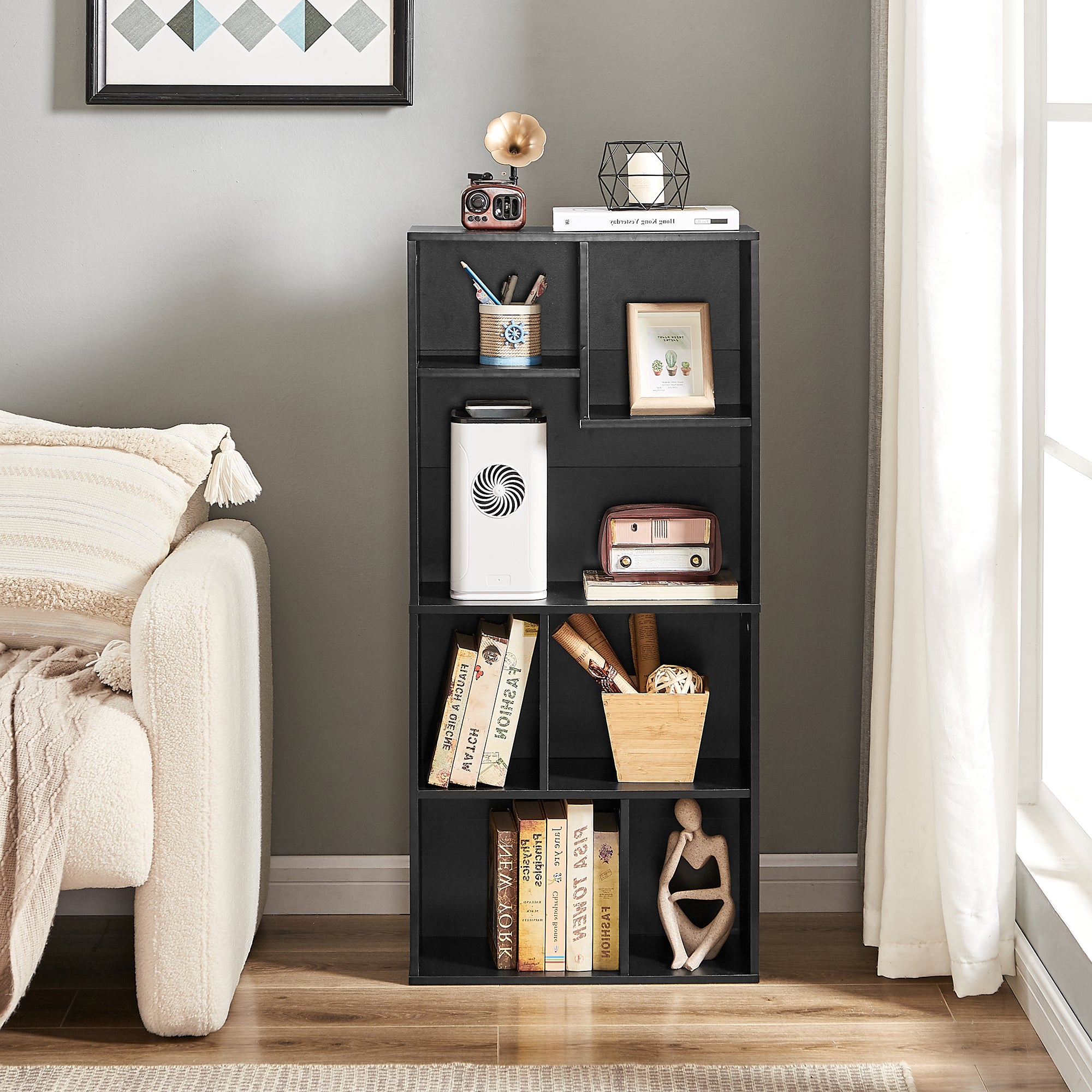 Vecelo LOE-B11-BLK 42 Inch High Bookcase 4 Tier Modern Storage Cabinet with Height Difference Shelves Floor Standing Display