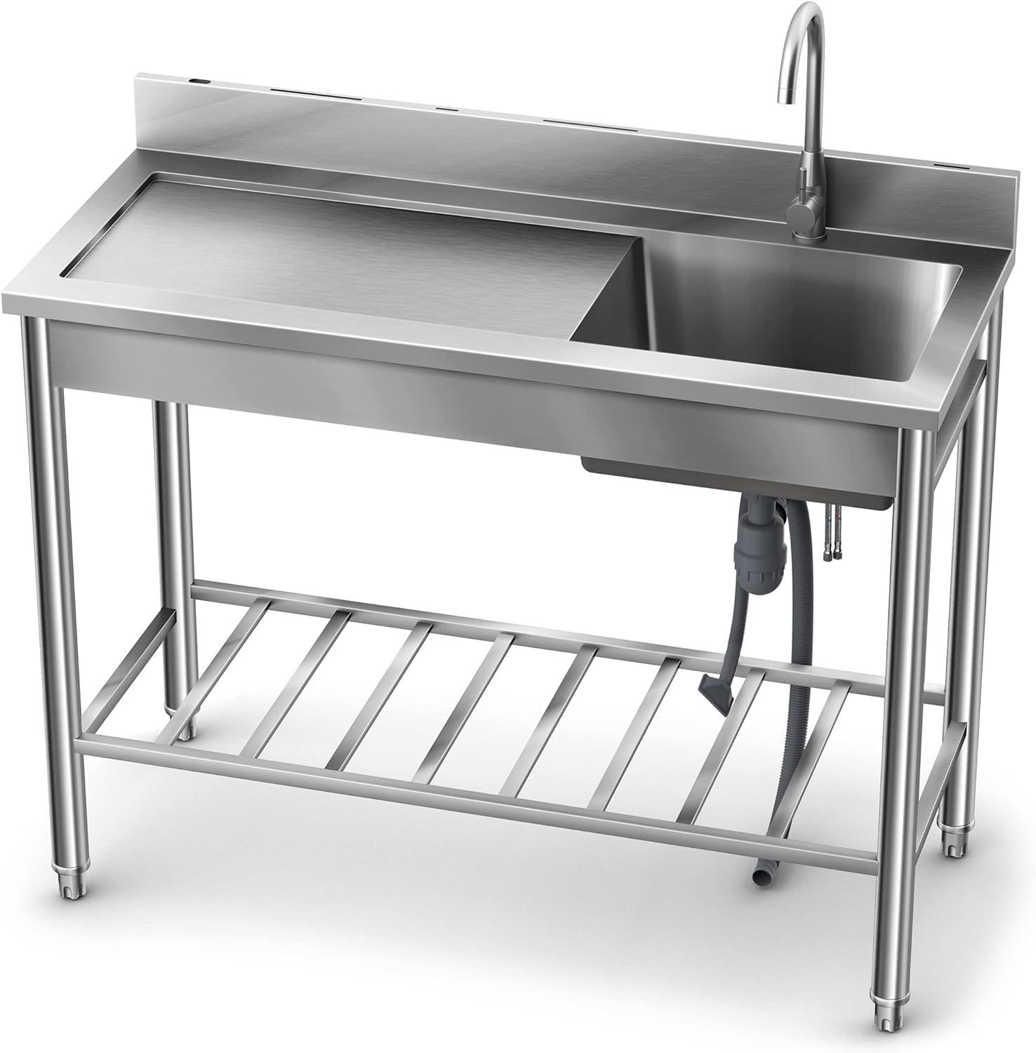 Wildaven LLJH0401 19.5-in x 47.2-in 1 -Basin Stainless Steel Freestanding Utility tub with Drain with Faucet