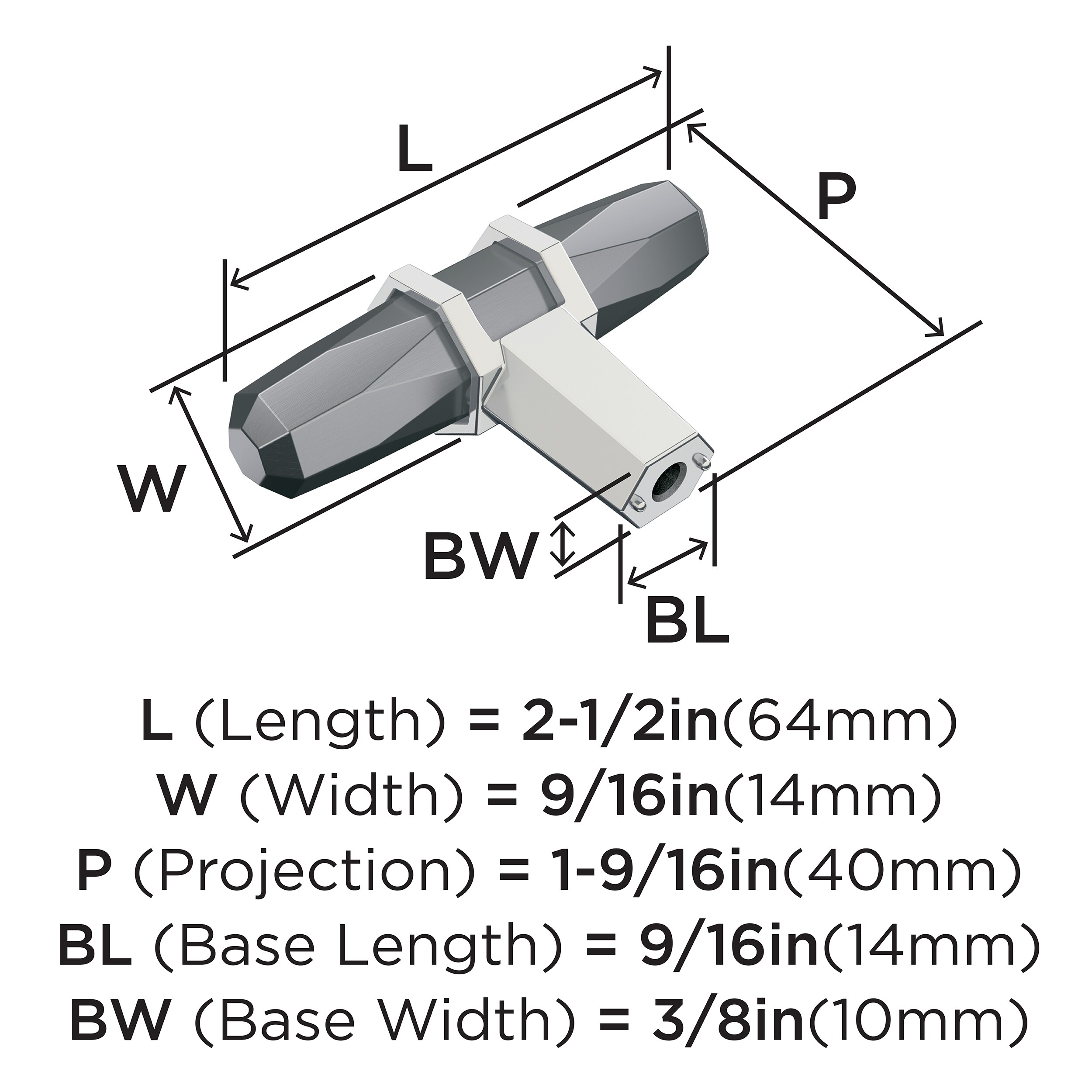 Polished Chrome and Black T-Handle Cabinet Knob with Mounting Hardware