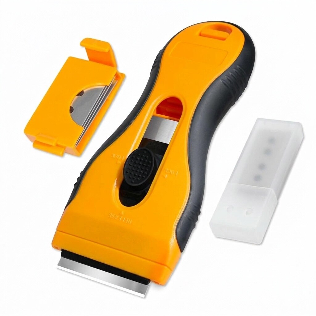Phyfalip  Razor Blade Scraper Tool with 16 Extra Blades for Removing Paint Stickers and Glue from Glass Windows Tiles Mirrors and Metal Surfaces