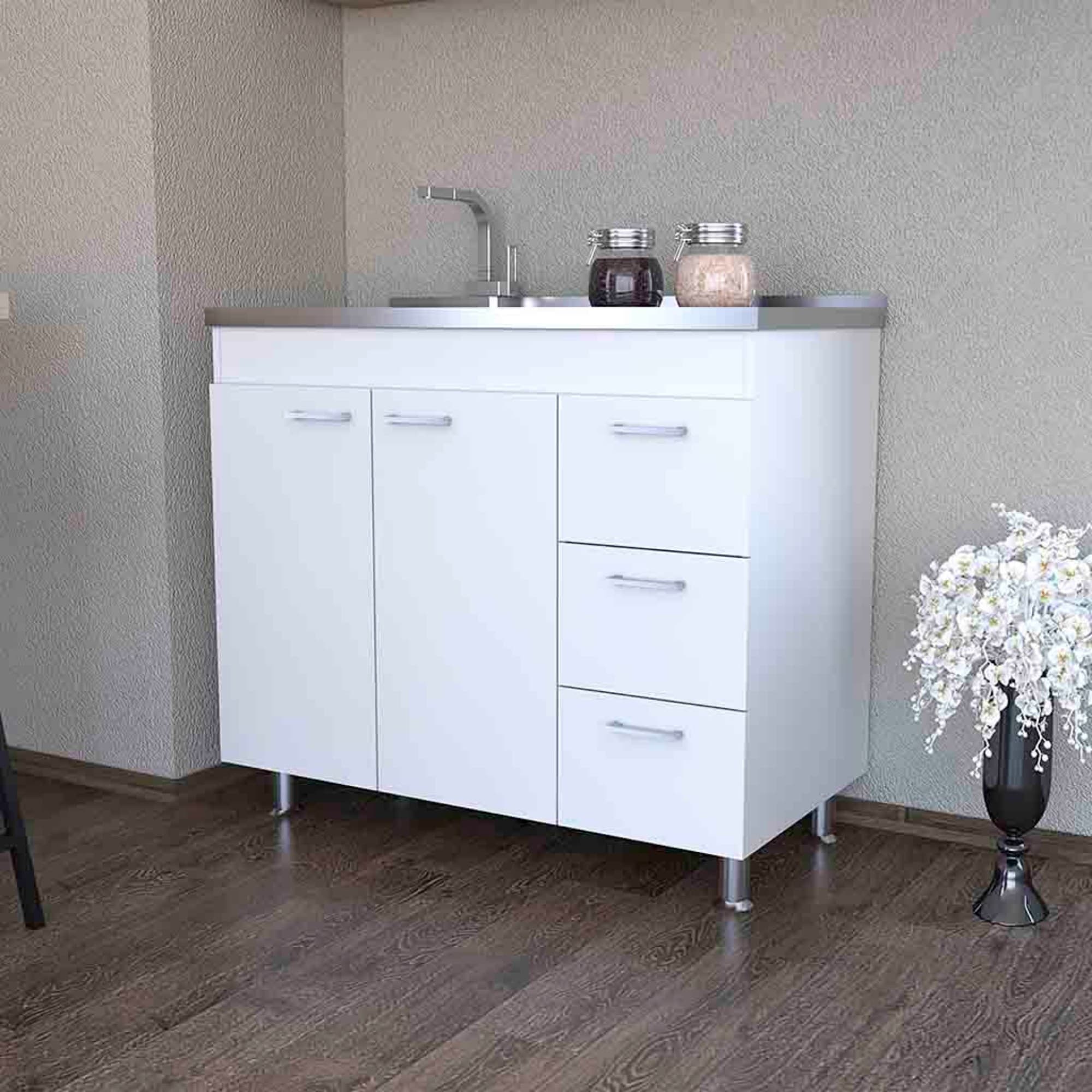 Vynxaria 39.3-in W x 35.4-in H White Kitchen Utility Sink Base Cabinet with 3 Drawers and 2 Doors #LS0507-FXKS-066