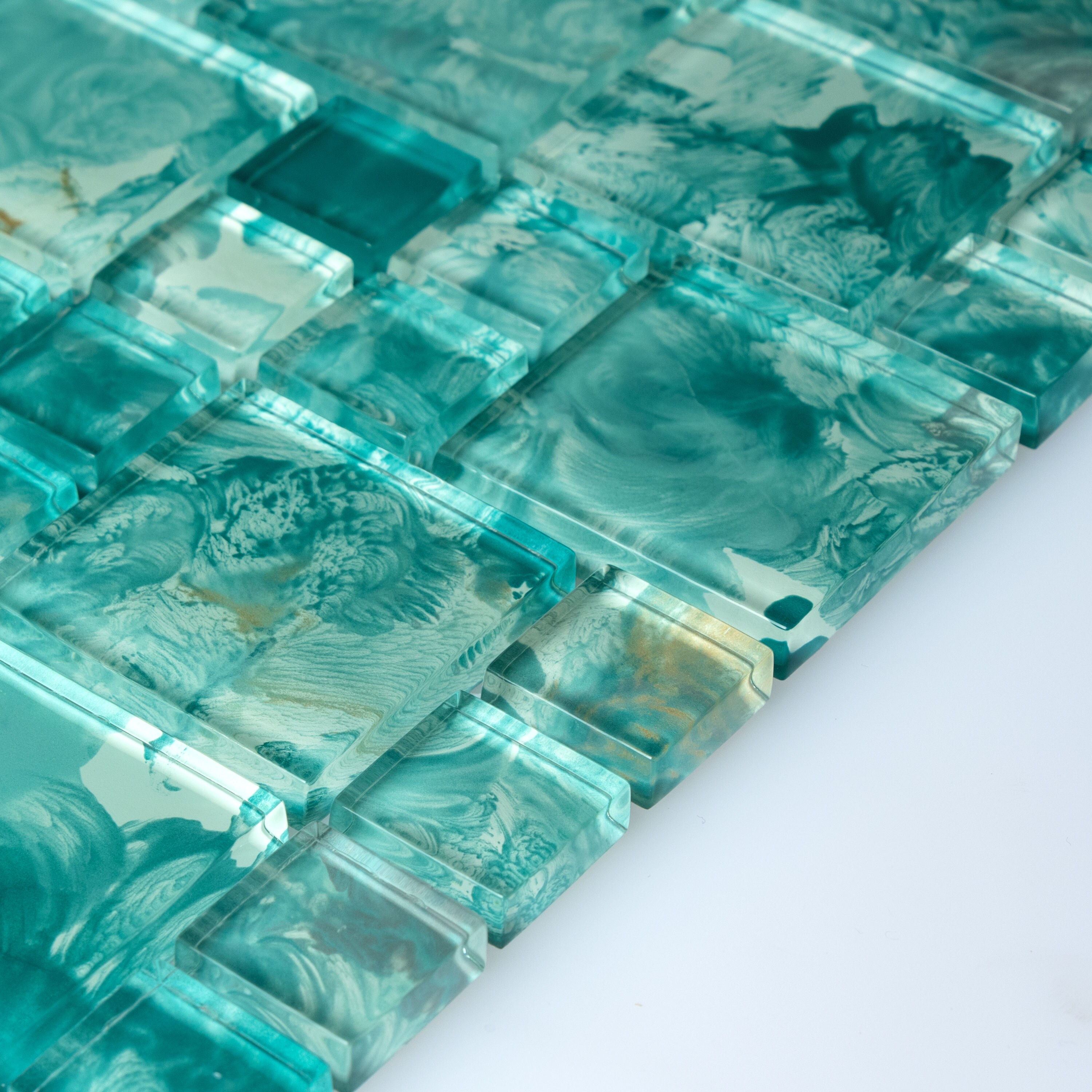Caribbean Teal Hand-Painted Glass Mosaic Tile