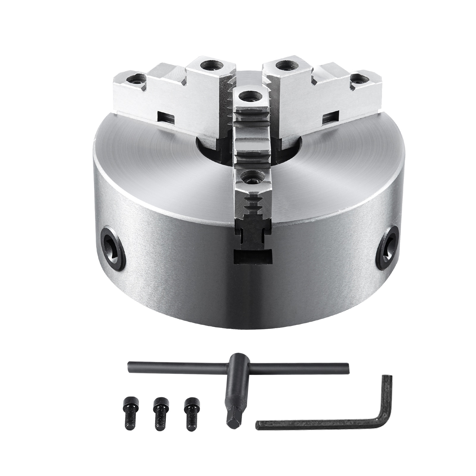Tinyhomie 3-Jaw Lathe Chuck 10'' Self-Centering Lathe Chuck 0.24-9.84 in/6-250 mm Clamping Range with T-key Fixing Screws Hexagon Wrench for Lathe 3D Printer Machining Center Milling Drilling Machine