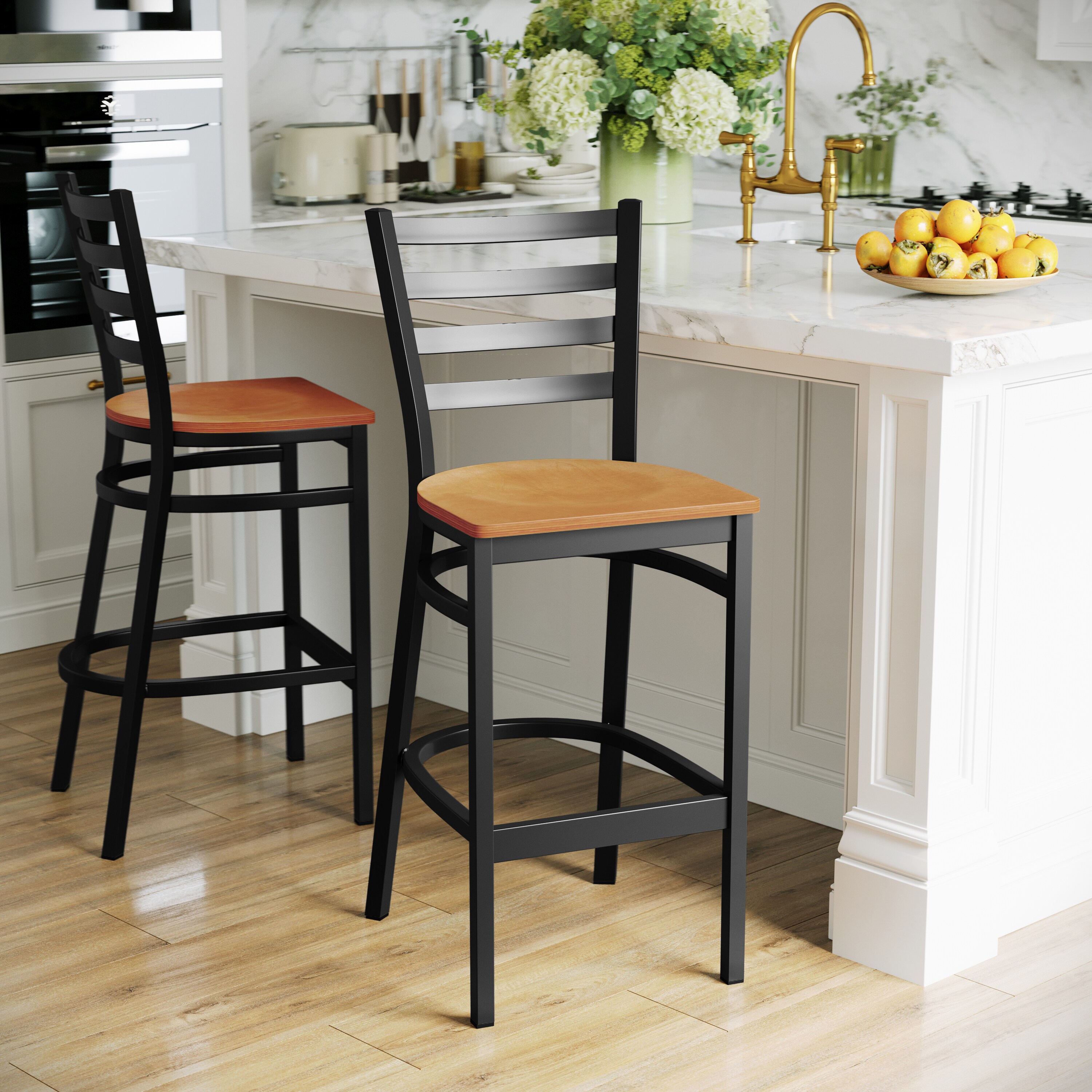 Black Metal Ladder Back Barstool with Natural Wood Seat