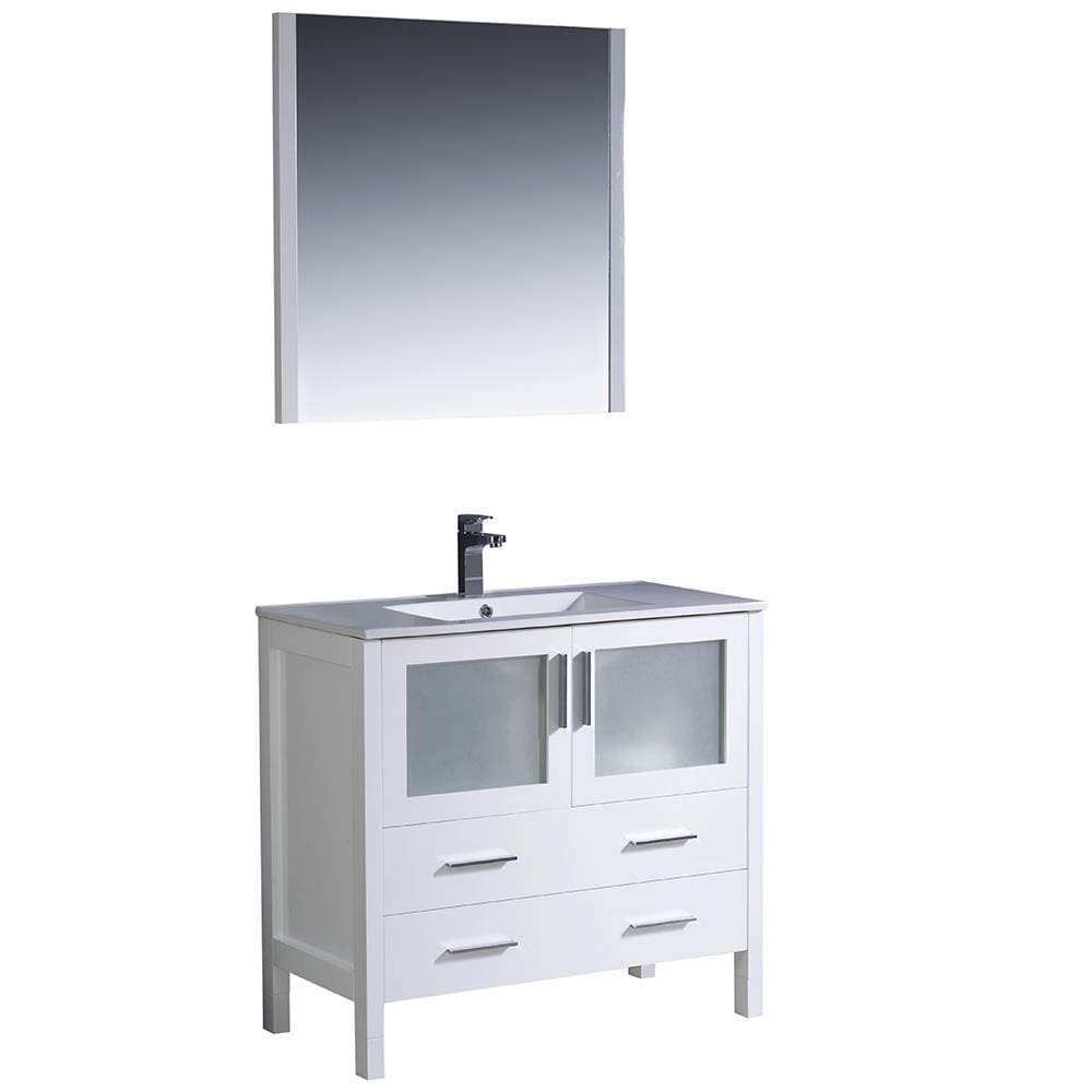 Torino 36'' White Ceramic Top Single Vanity Set with Mirror