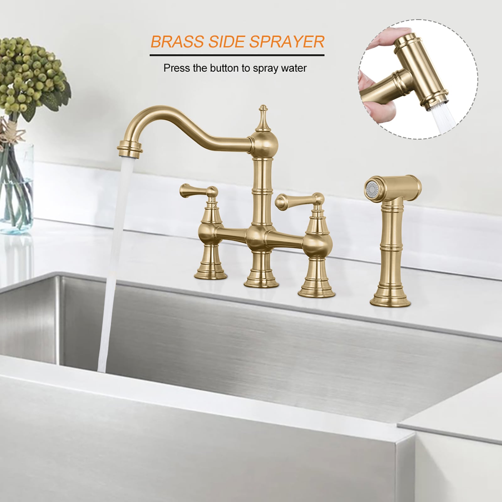 WOWOW bridge faucet Gold Double Handle Bridge Kitchen Faucet (Side ...