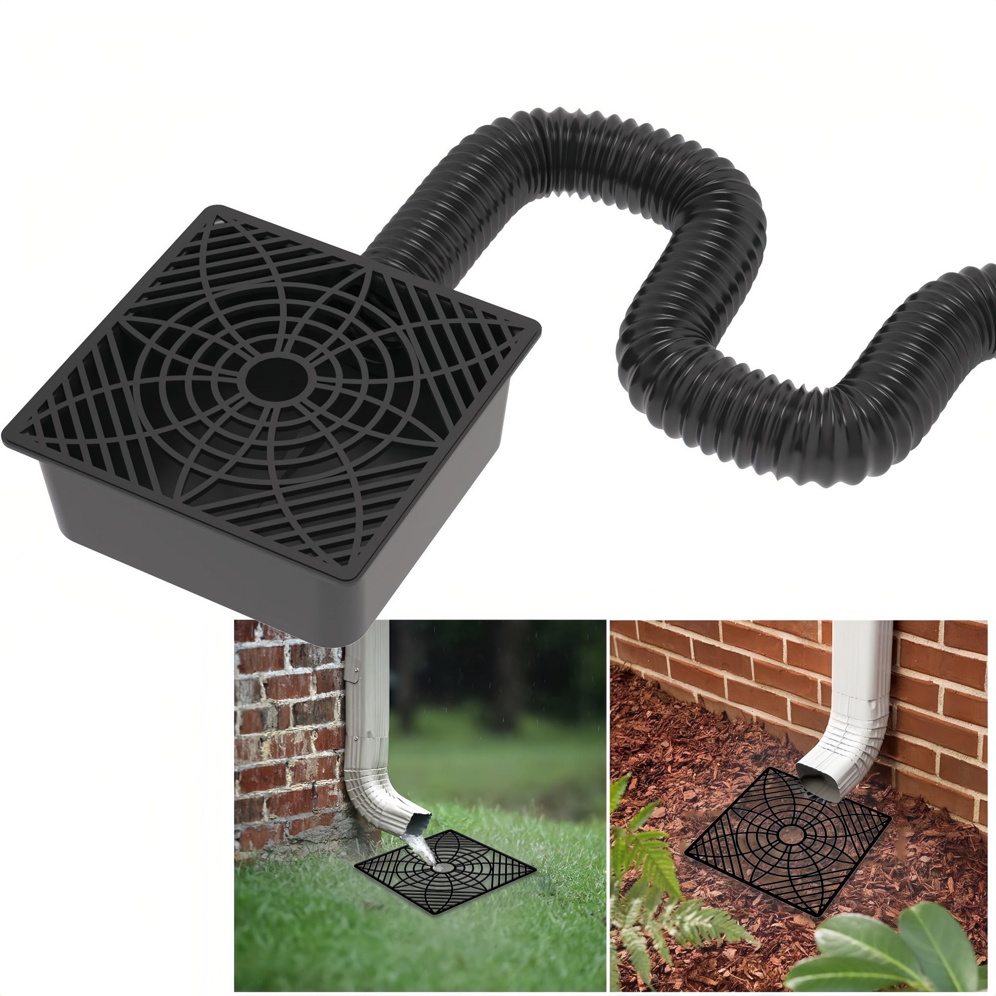 Numhew 1.34ft to 5.1ft L 2-Piece Flexible Leak-Proof Black Downspout Extension with Low Profile Catch Basin