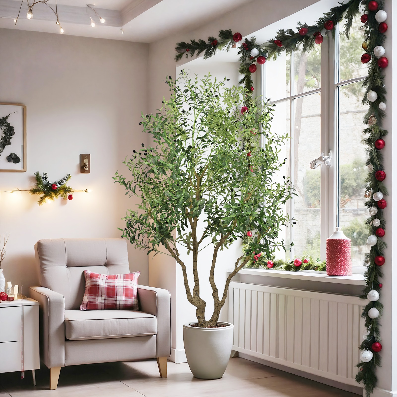 Huluwat - XJ 8FT Tall Artificial Olive Tree Potted Indoor Outdoor with Realistic Olive Leaves Fru...