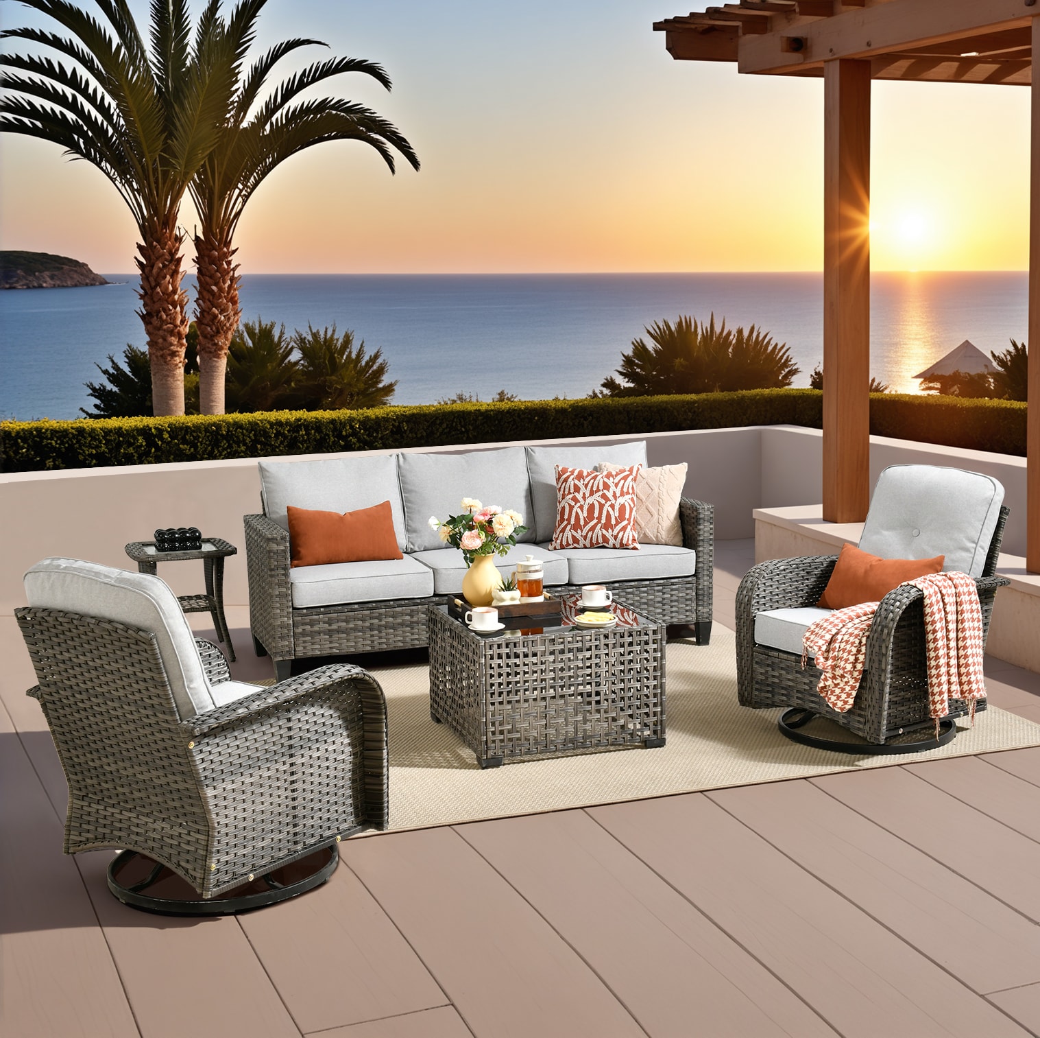 Pouuin SYZGNC705 5 -Piece Wicker Patio Sofa Conversation Set with Light Gray Cushions