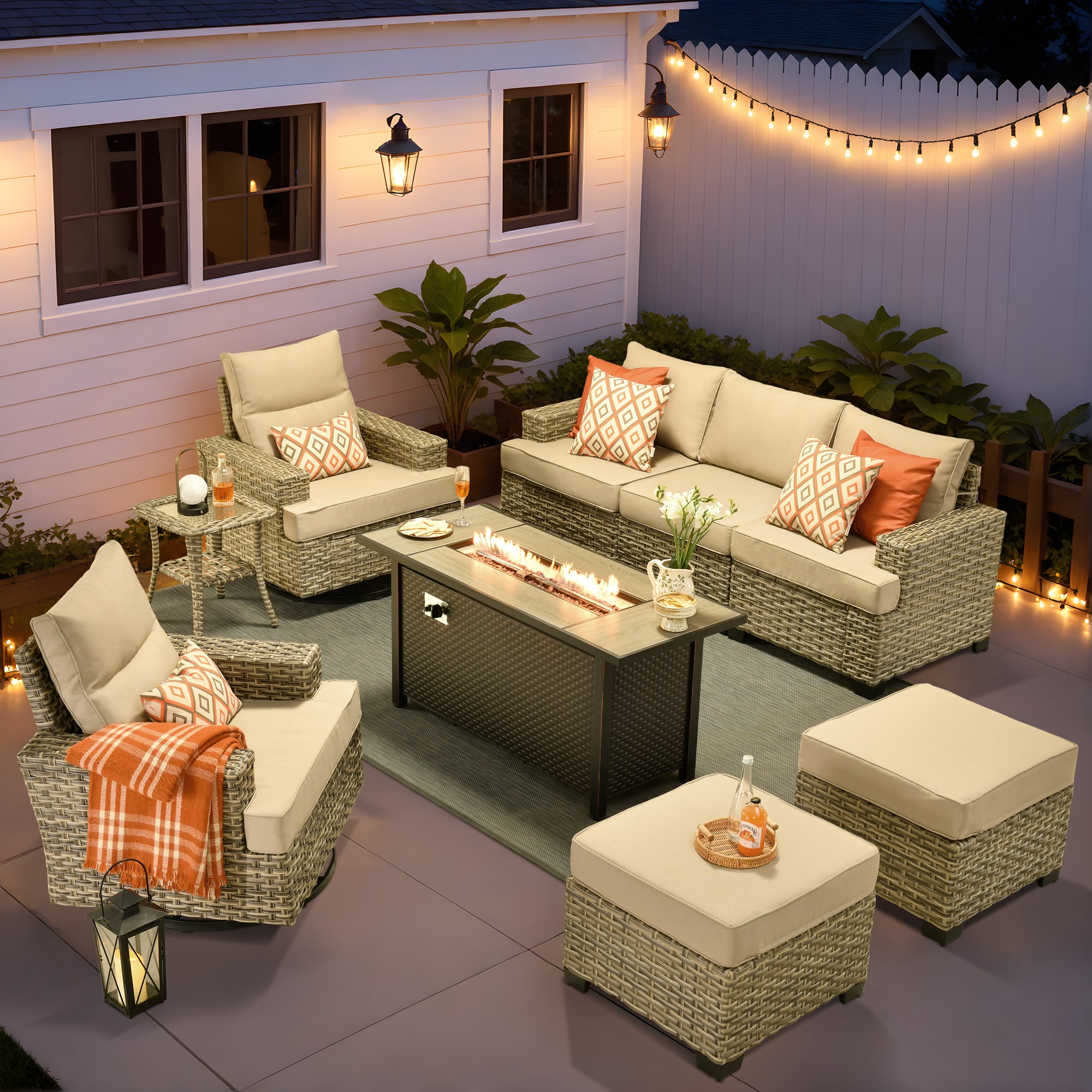 Ovios RFP5TS608Y 9 -Piece Rattan Patio Sofa Conversation Set with Beige Cushions