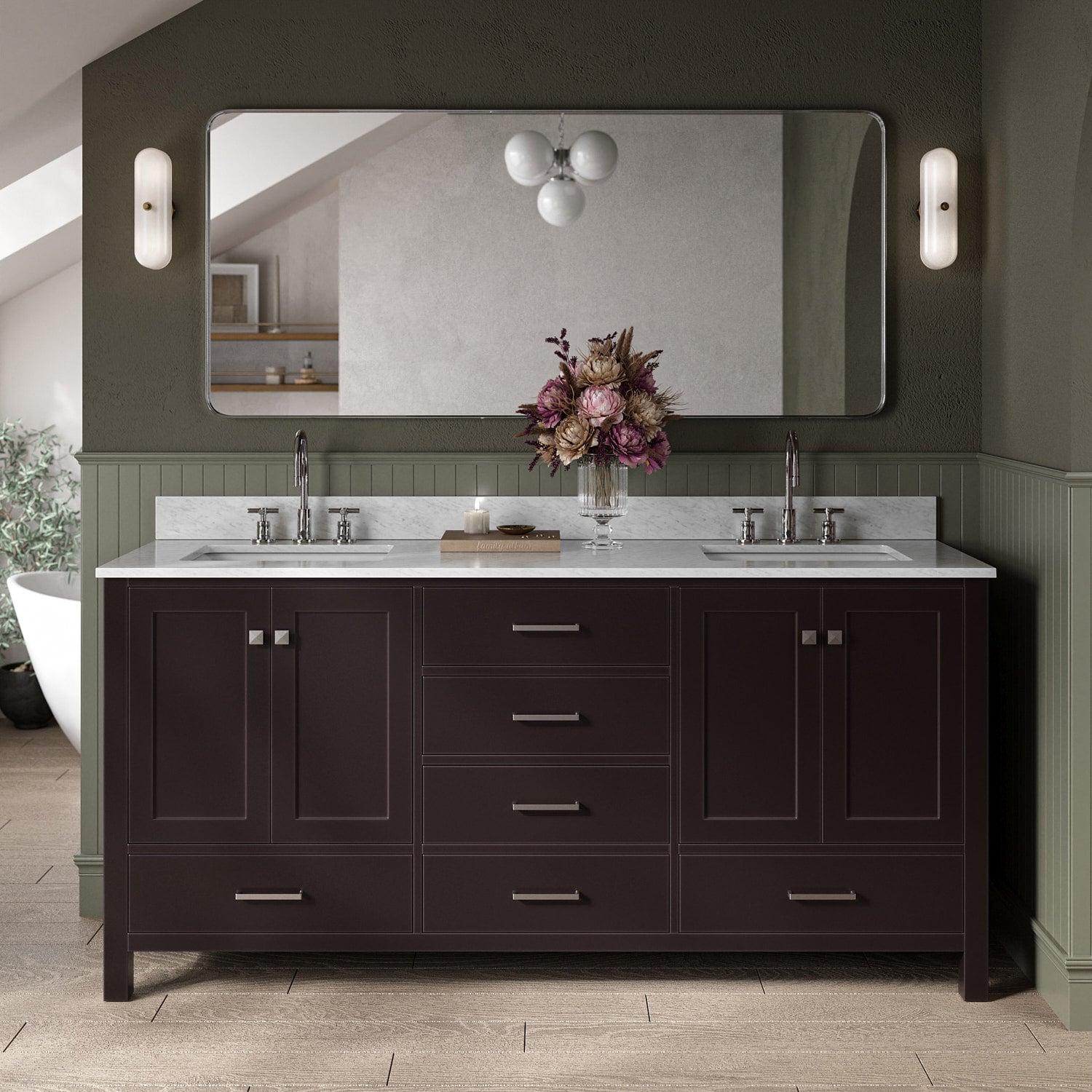 ARIEL A073DCW2RVOESP Cambridge 73-in Espresso Undermount Double sink Bathroom Vanity with 0.75" Carrara White Marble Natural marble Top