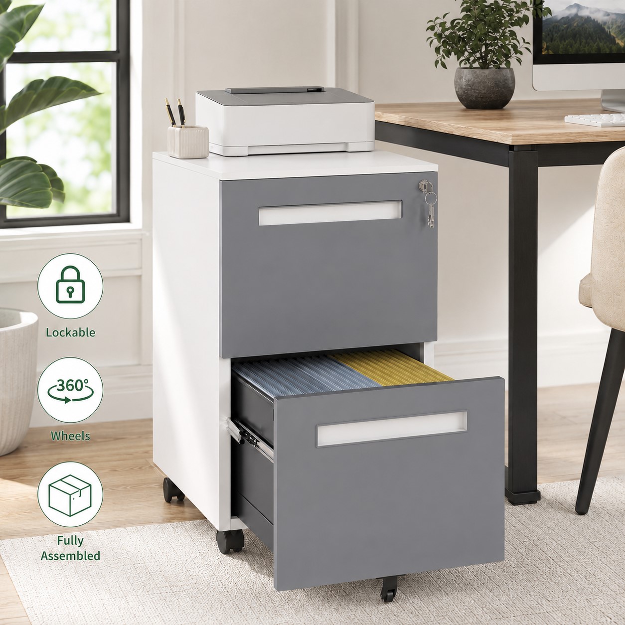 HBUDS - Rolling File Cabinet 2 Drawer with Lock 360 Degree Wheels Anti Tip Steel Storage for Home...