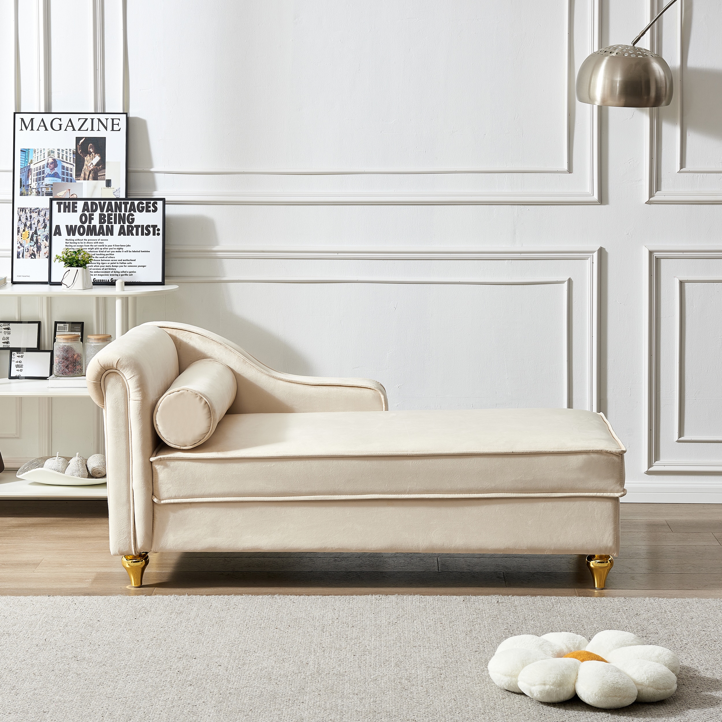 LOVMOR Modern Upholstery Chaise Lounge Chair with Storage Velvet (Beige ...
