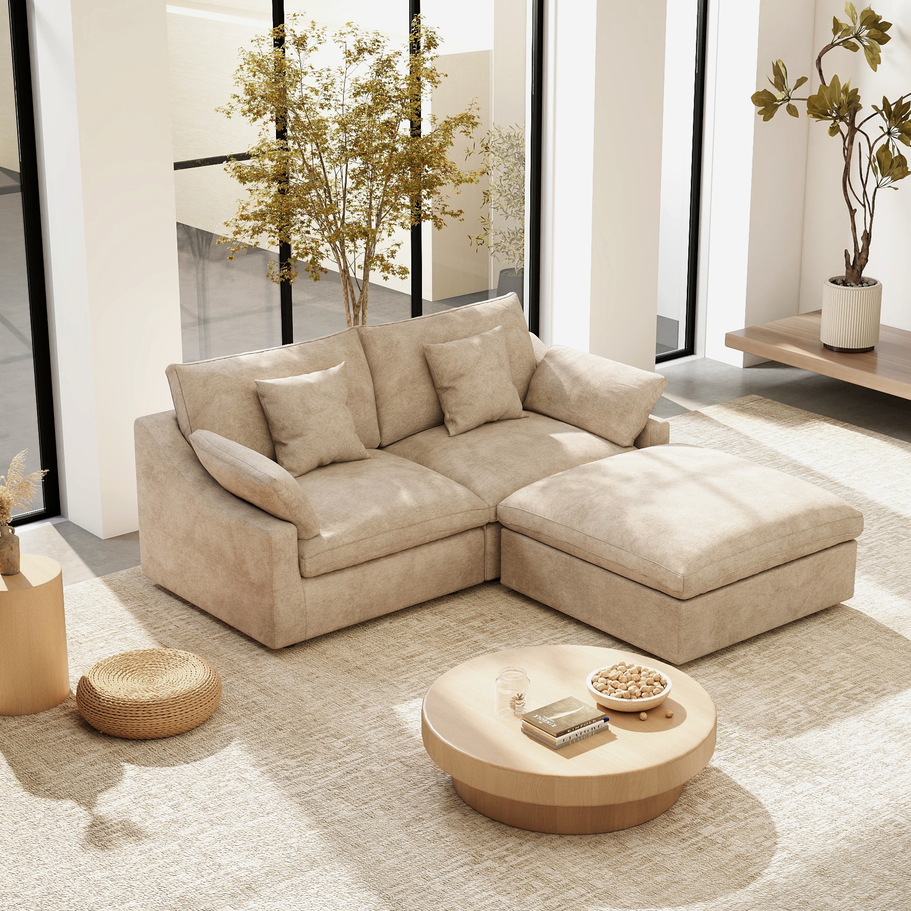 BuotiqHom DH-C1+2-126BE 83-in W Modern Khaki 3-seater Sectional with Slipcover