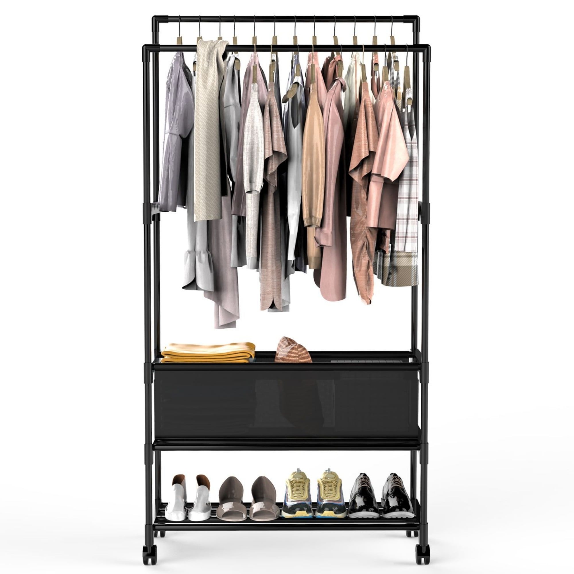 YOSIMFUR Height Adjustable Garment Rack with Double Rods Portable Rolling Clothing Rack with Shelves Detachable Storage Bag Lockable Wheels Small Mobile Closet Organizer for Home Bedroom Indoor Use