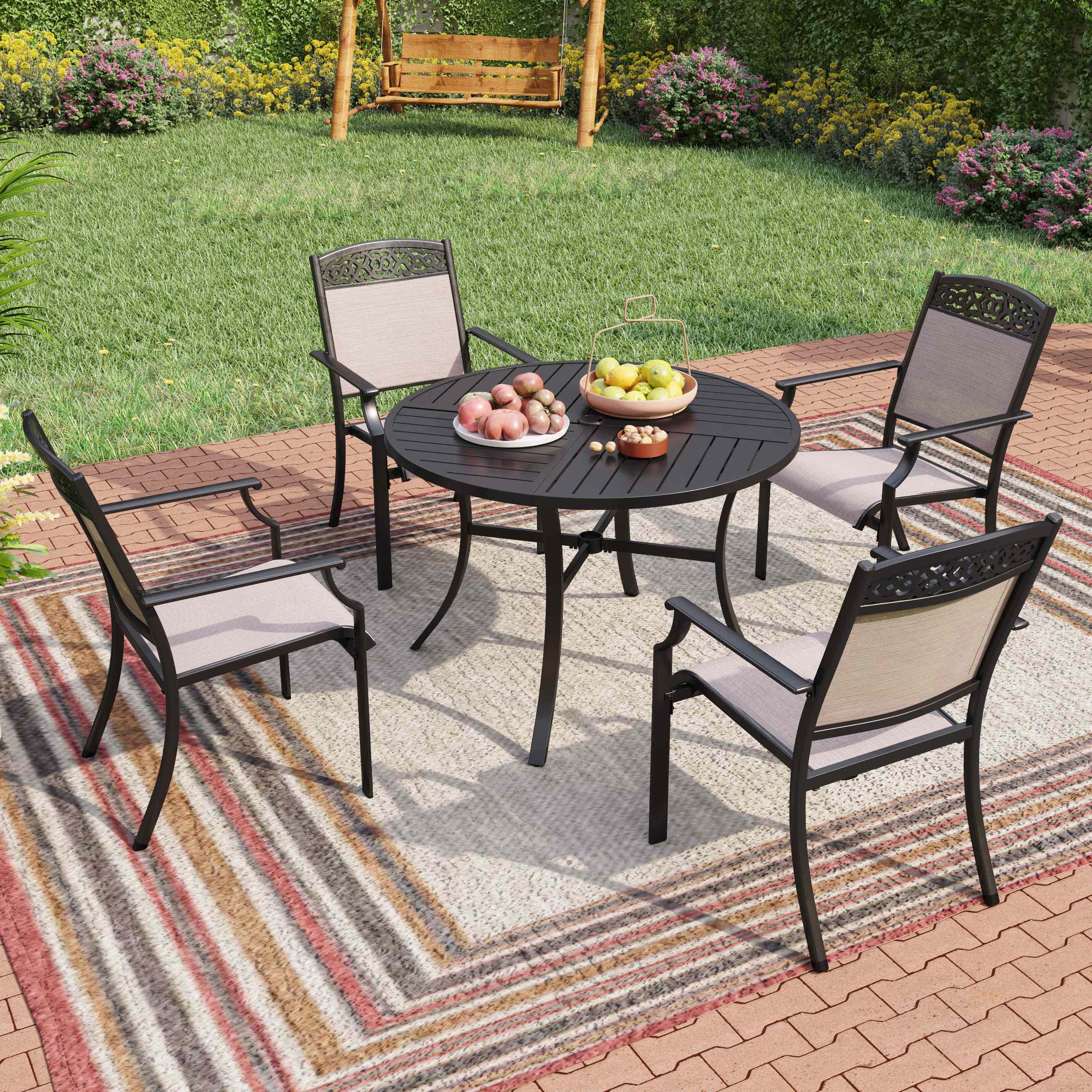 Sunshine Valley Cocos 5-piece Black Patio Dining Set Steel Round Table 