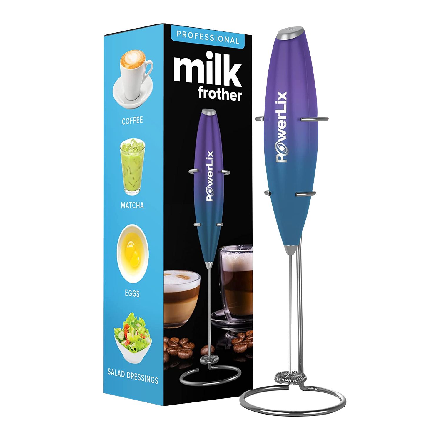 PowerLix B094NWVQTC Milk Frother Handheld Battery Operated Electric Whisk Foam Maker For Coffee With Stainless Steel Stand Included  - Purple Turquoise
