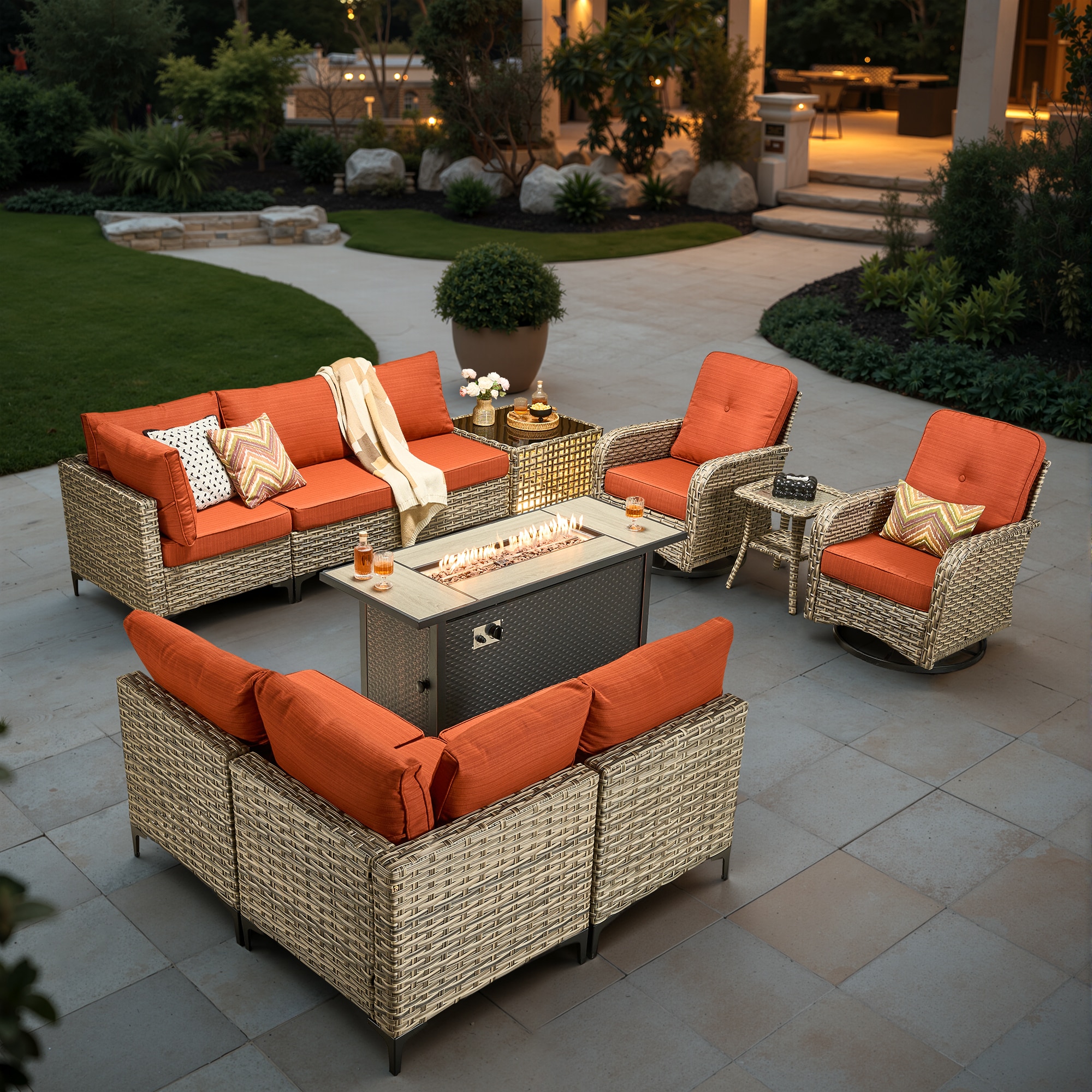 weaxty CFP85DSCRRSVNC80C11 Lotus Wicker Outdoor Sectional with Orange Cushions and Steel Frame