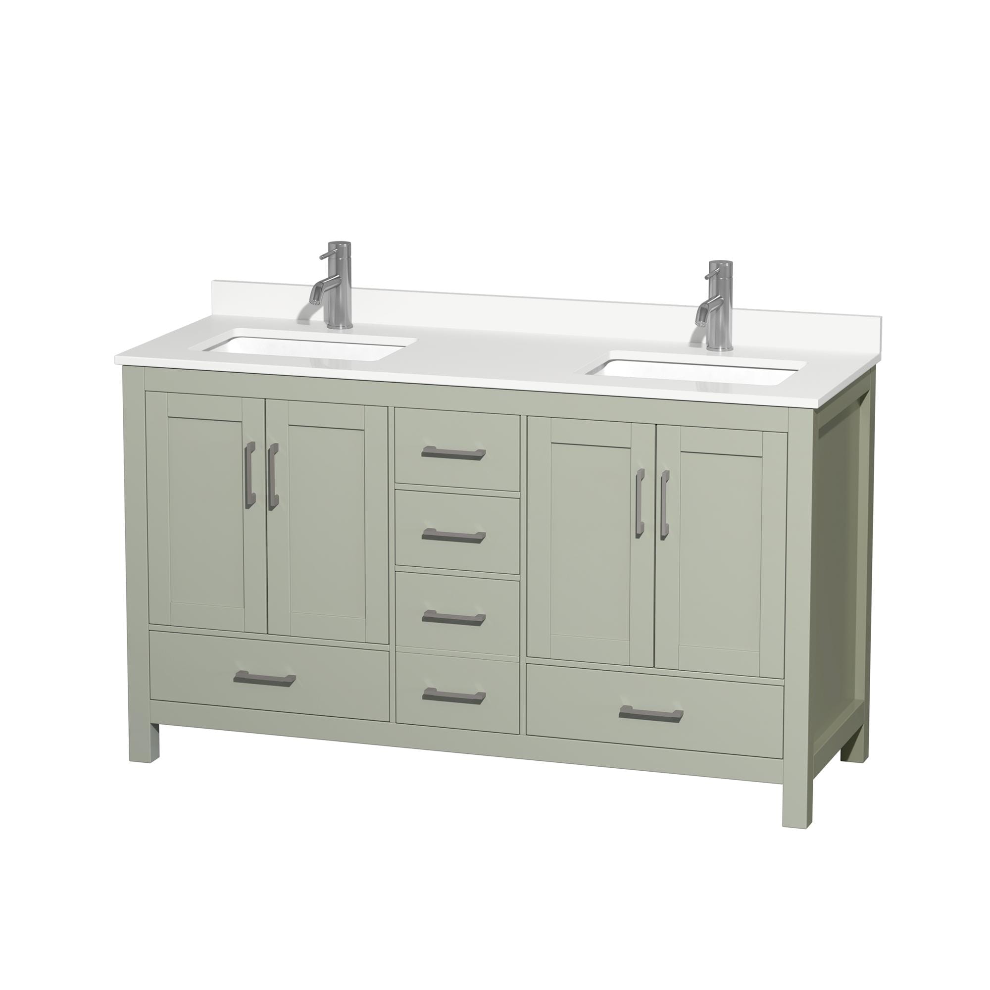 Wyndham Collection WCS141460DLGWQUNSMXX Sheffield 60-in Light Green with Brushed Nickel Trim Undermount Double Sink Bathroom Vanity with White Quartz Quartz Top