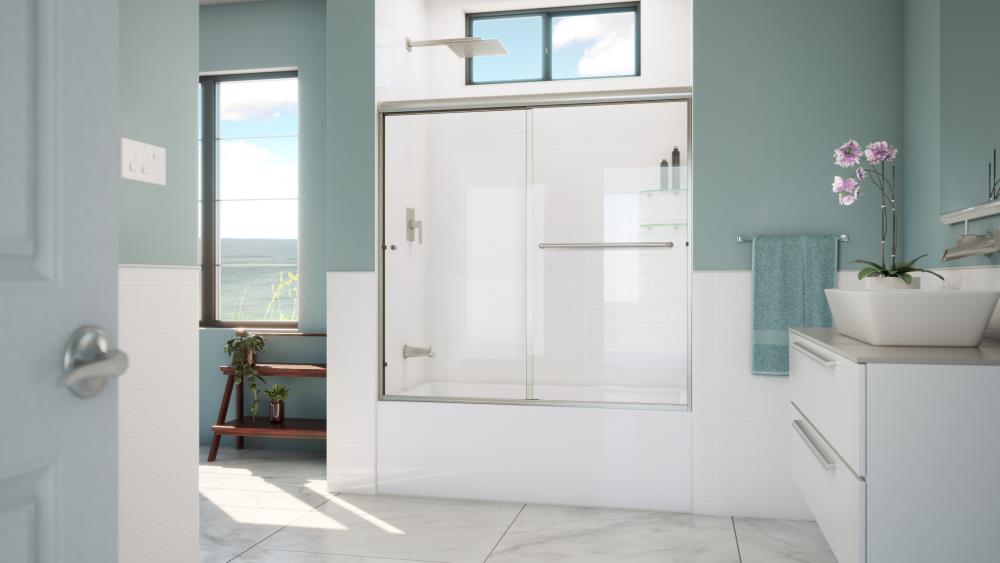 Arizona Shower Door LTER6057BNCLL Lite-Euro recessed Brushed Nickel 56-in to 60-in W x 57.375-Inches H Semi-frameless Bypass Sliding Bathtub door