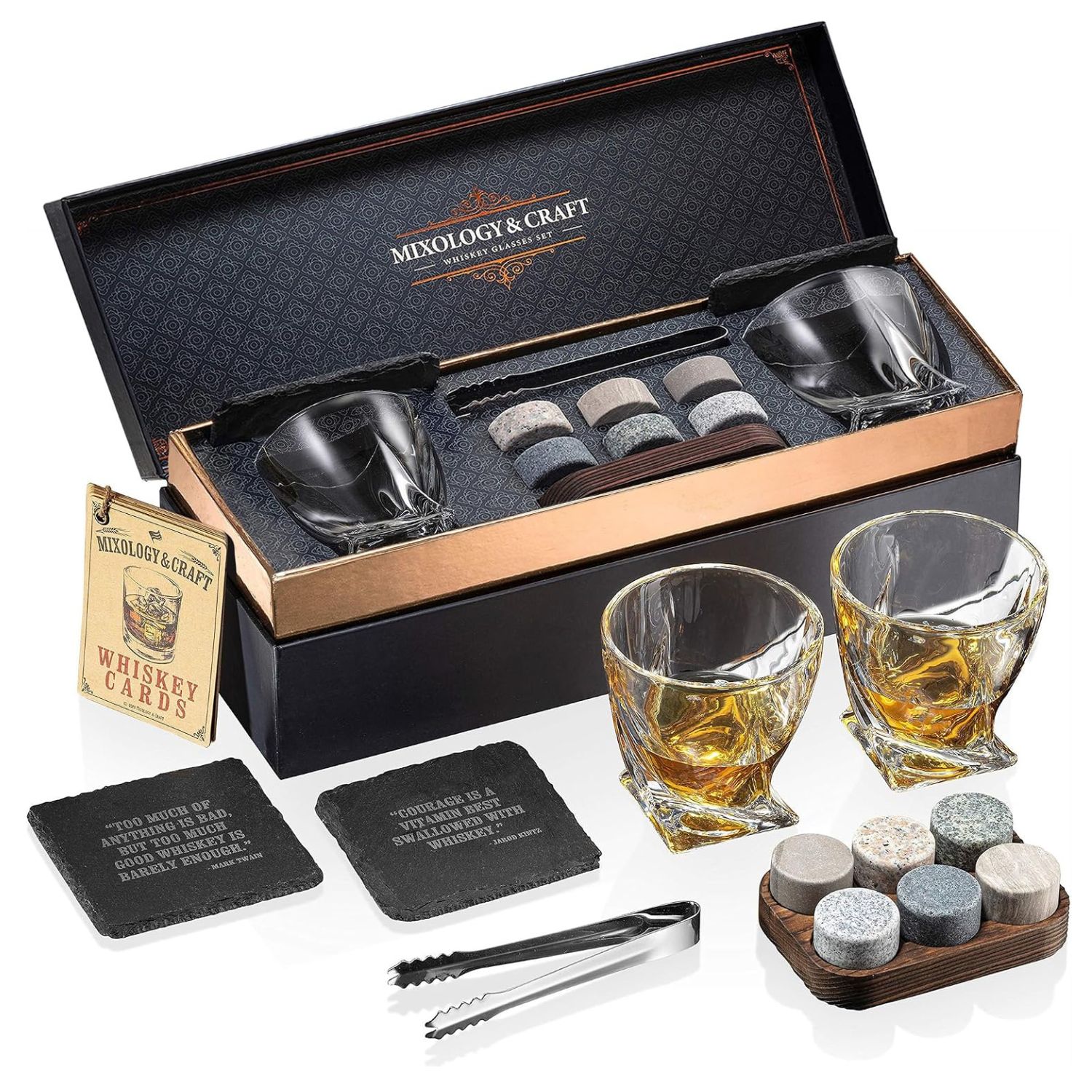 Zulay Kitchen 14 Piece Whiskey Gift Set with 2 Glasses and 6 Granite Stones