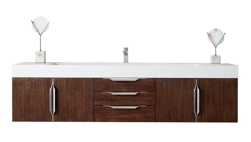 James Martin Vanities 389V72SCFOAMW Mercer Island 73-in Coffee Oak Single Sink Floating Bathroom Vanity with Matte White Solid Surface Top