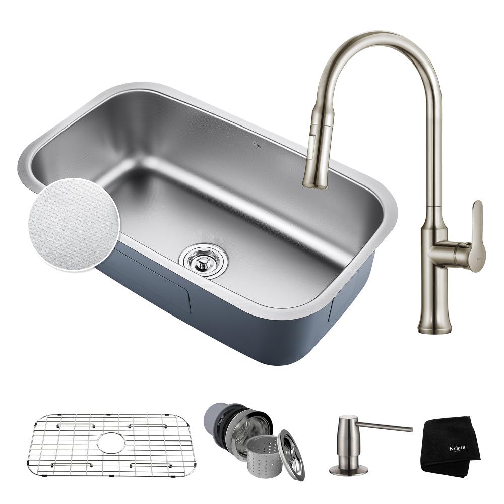 Kraus KBU14E-1630-42SS Outlast Undermount 31.5-in x 18.38-in Embossed Stainless Steel Single Bowl Kitchen Sink All-in-one Kit