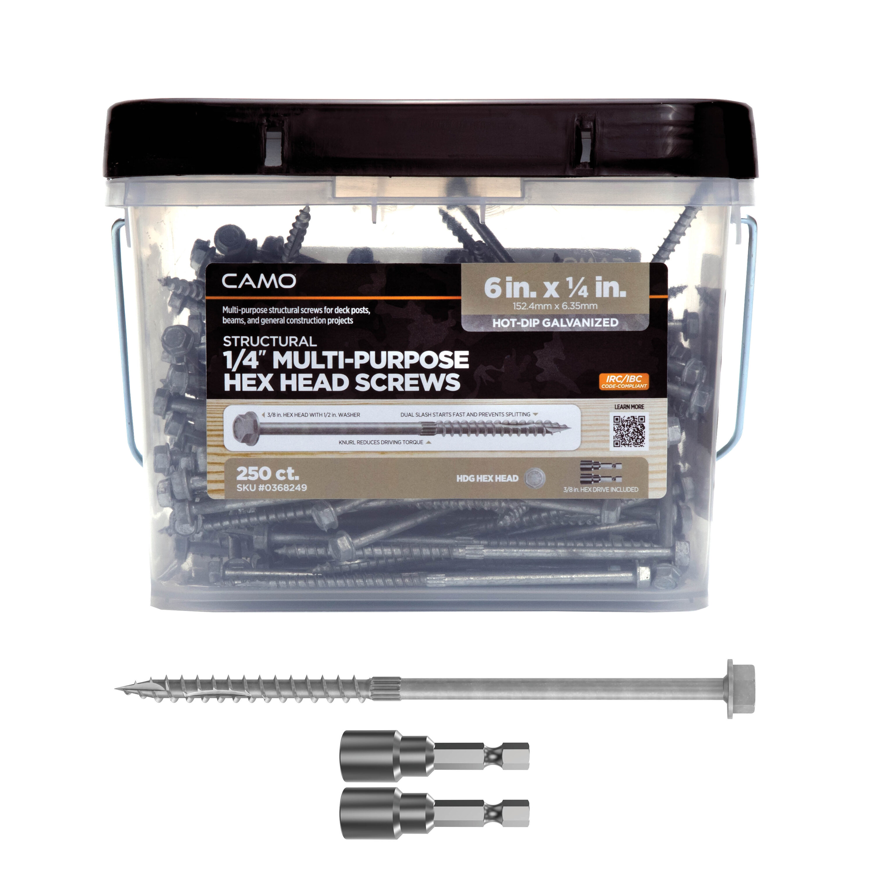 CAMO 0368249 1/4-in x 6-in Hot-dipped galvanized Hot-Dipped Galvanized Hex -Head Exterior Structural wood screws 250 -Pack