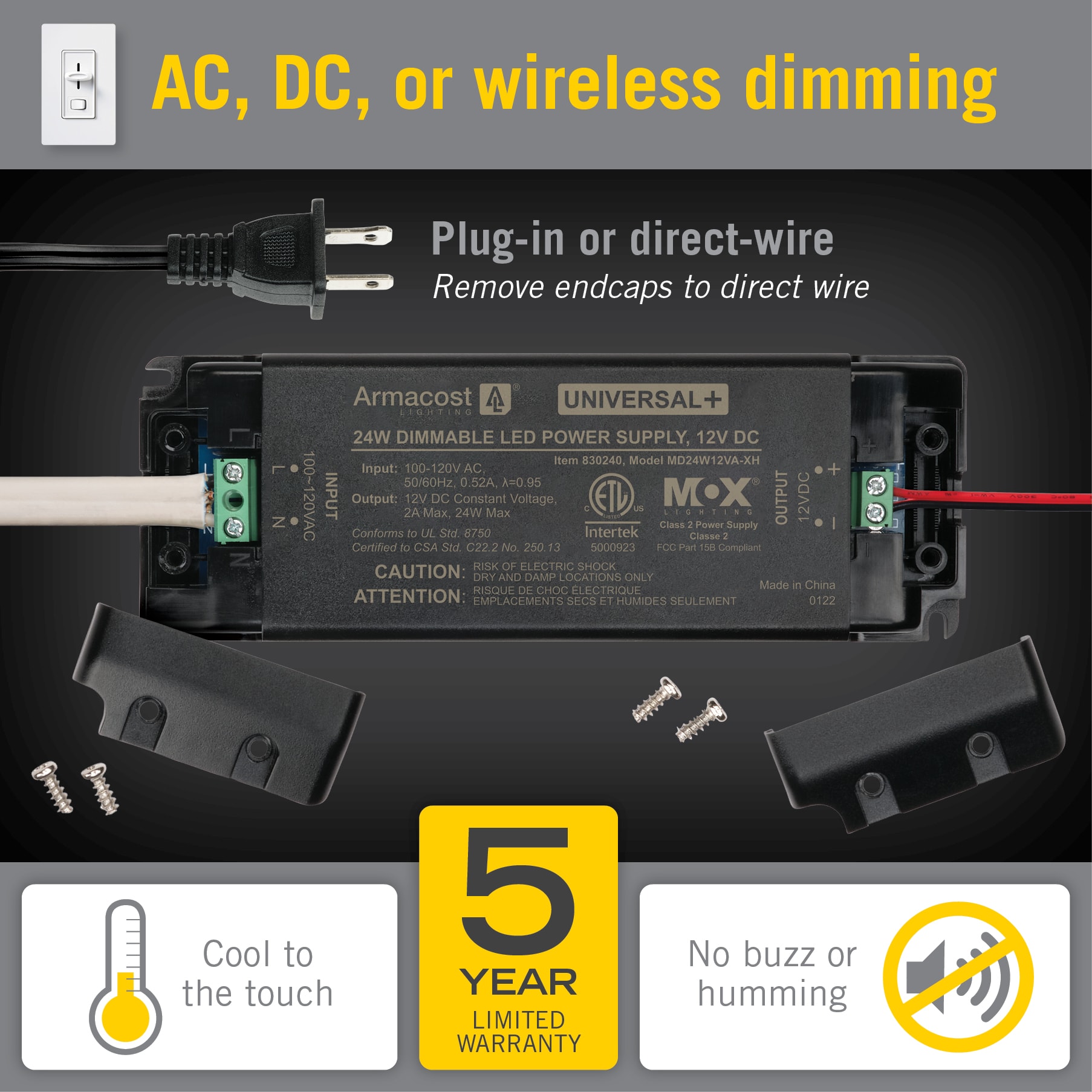 Black Compact Universal Dimmable LED Driver 12V DC, 24W