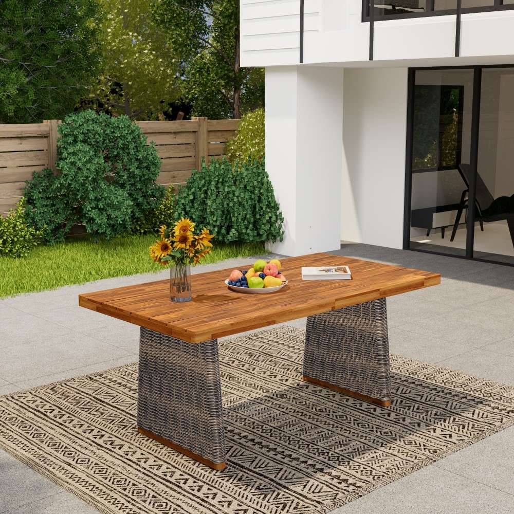Coolbibila ANDRES-TABLE-GRAY Rectangular Acacia Wood Dining Table with Teak Finish and Handwoven Gray Wicker Legs for Dining Room