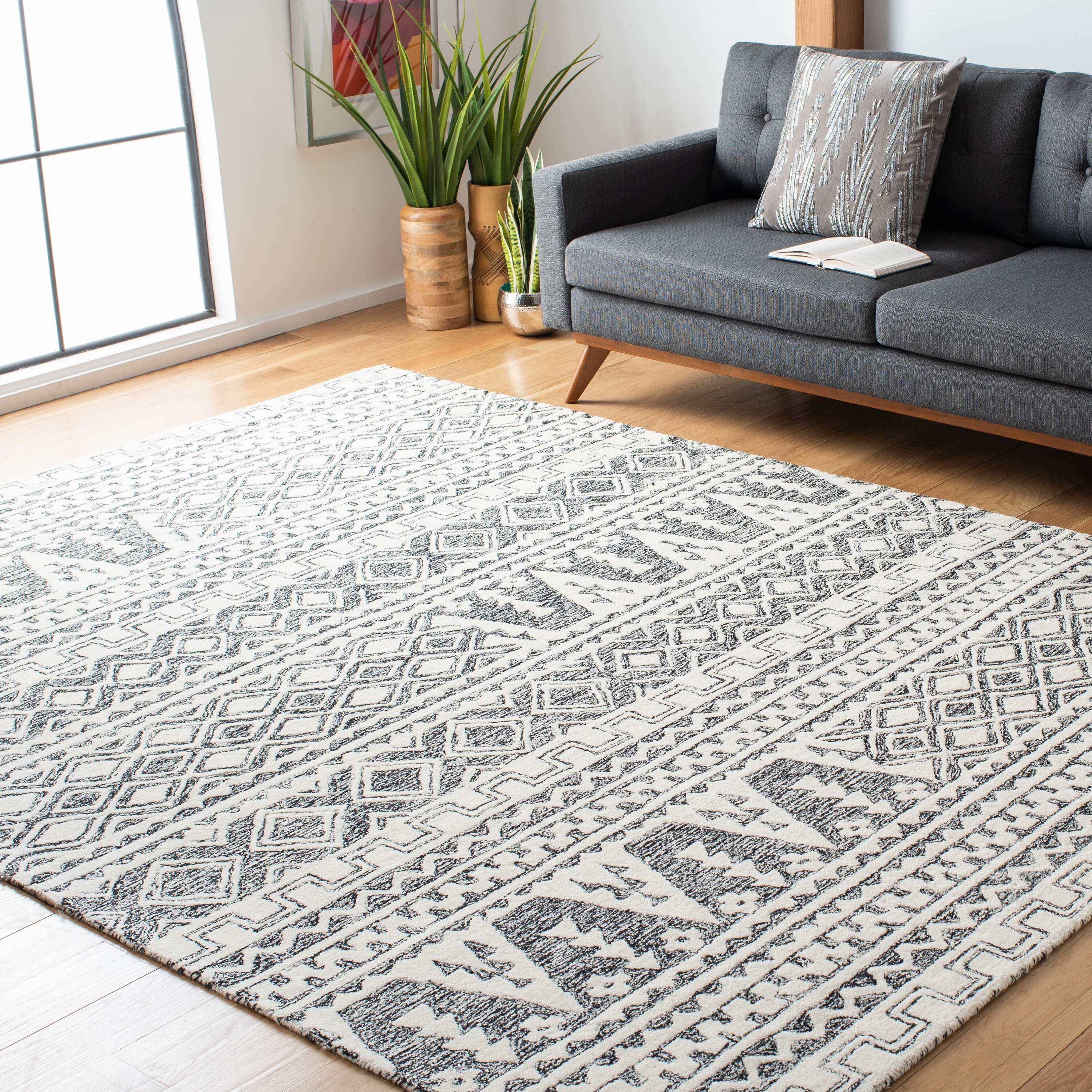 Handmade Black and Ivory Wool Abstract 9' x 12' Rug