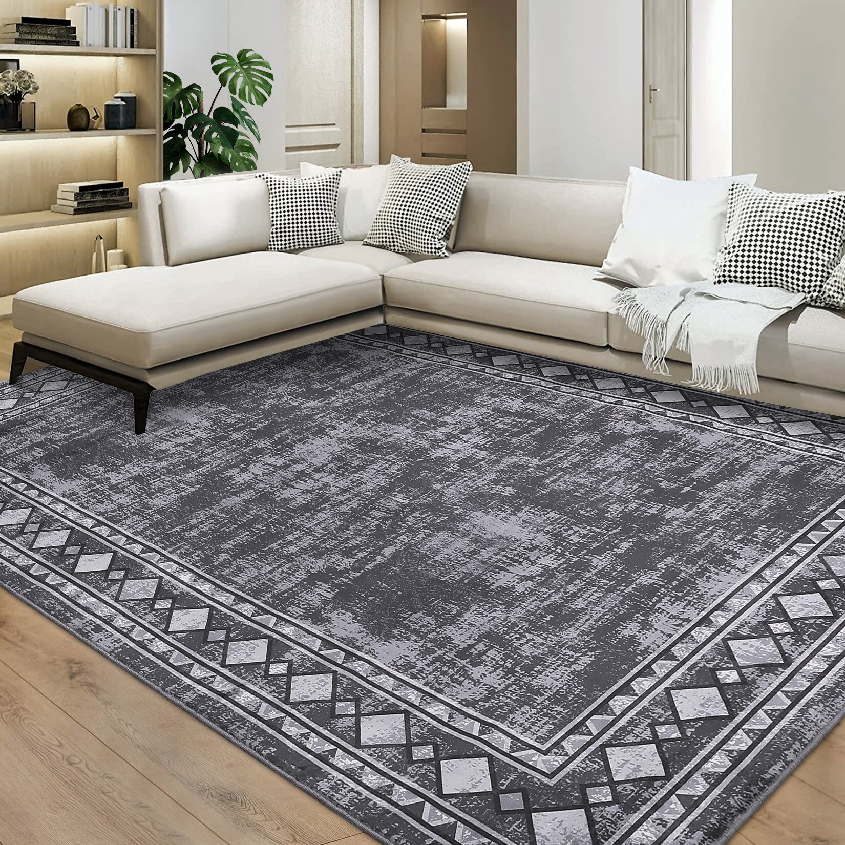 Garvee YXY-LO-PHO-16N7C7HX 10 x 13 (ft) Loomed Gray Rectangular Indoor Border Mid-Century Modern Machine washable Area rug