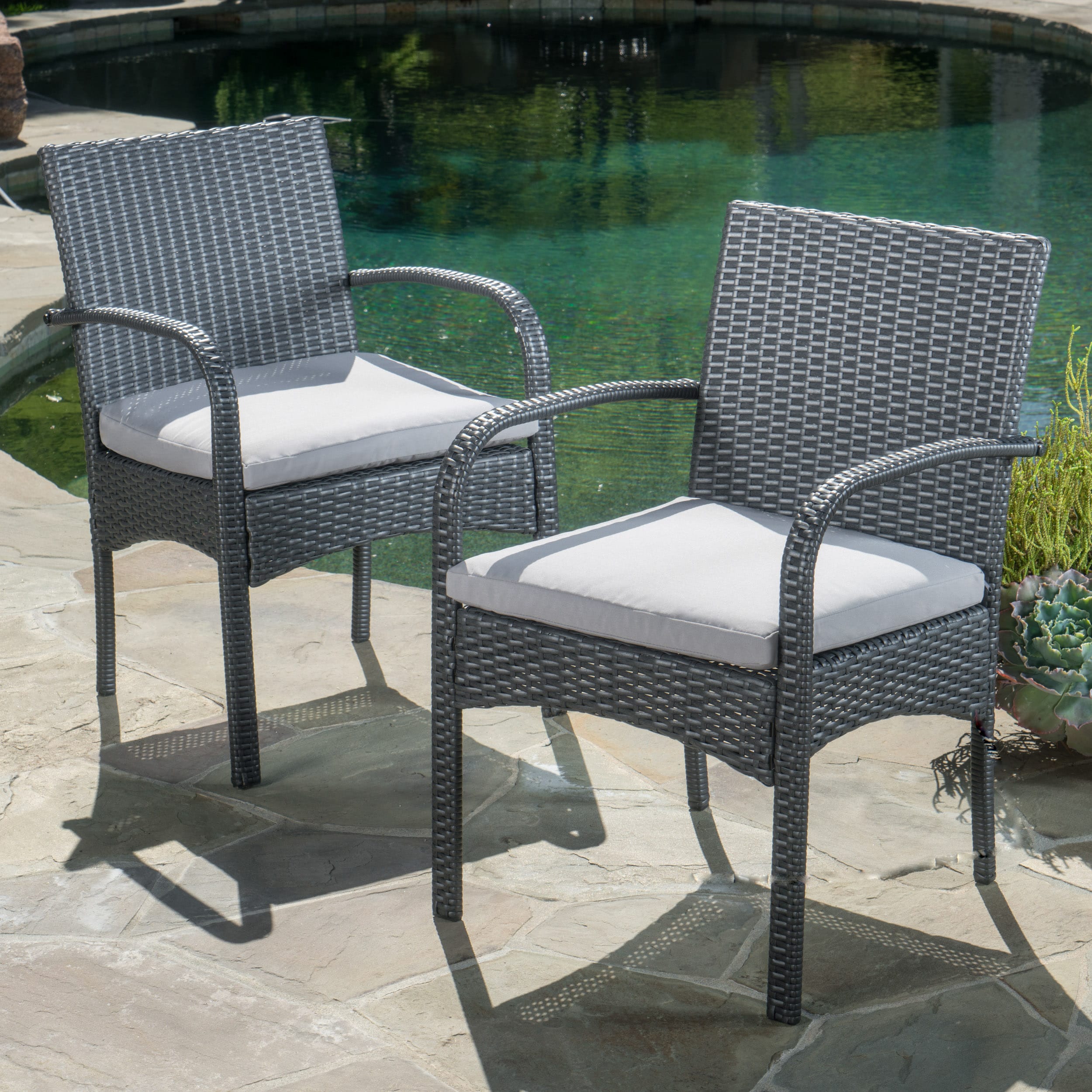 Gray Wicker Outdoor Dining Chair Set with Cushions