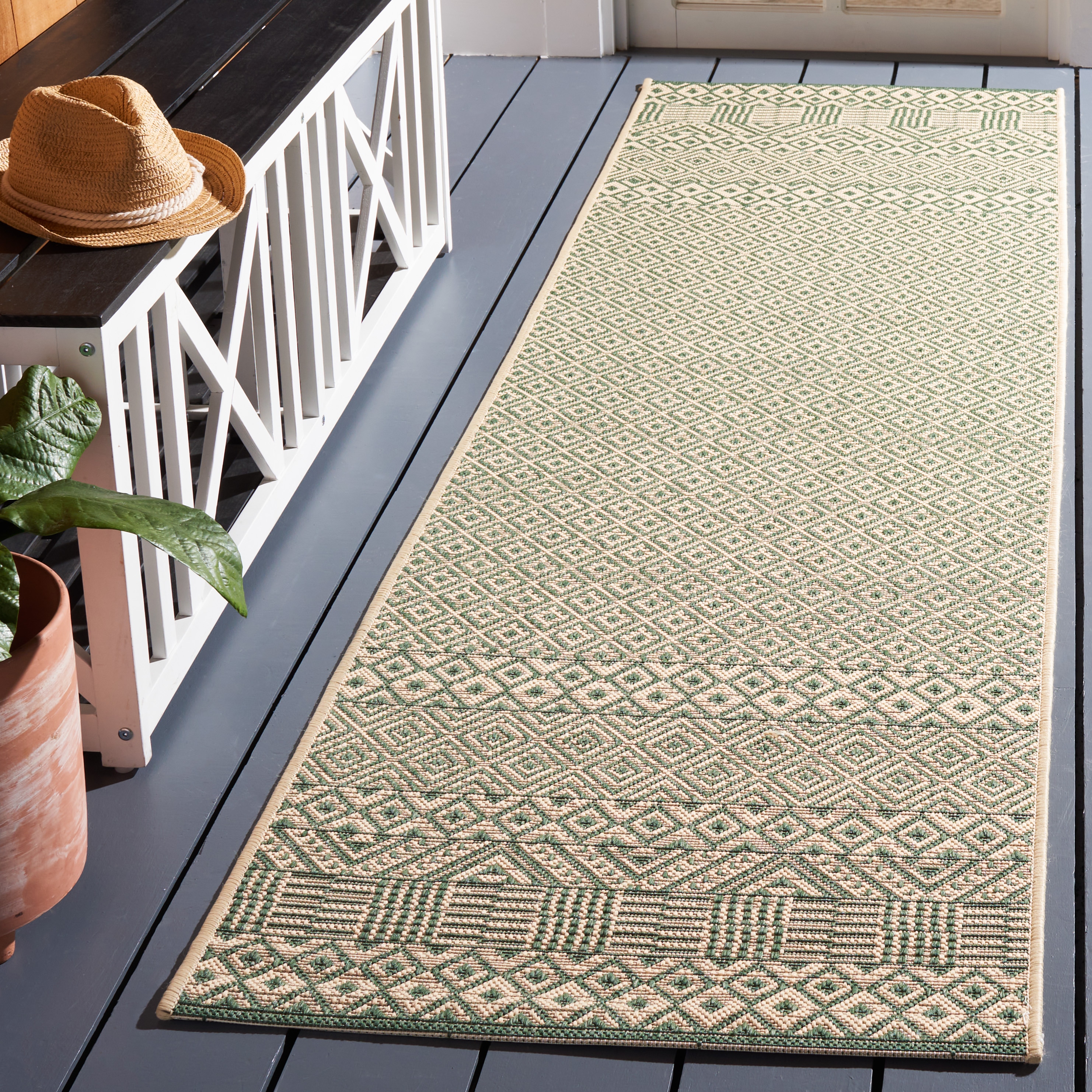 Safavieh CY6235-32212-28 Courtyard 2 x 8 (ft) Loomed Synthetic Dark Green/Beige Rectangular Indoor/Outdoor Geometric Southwestern Runner rug